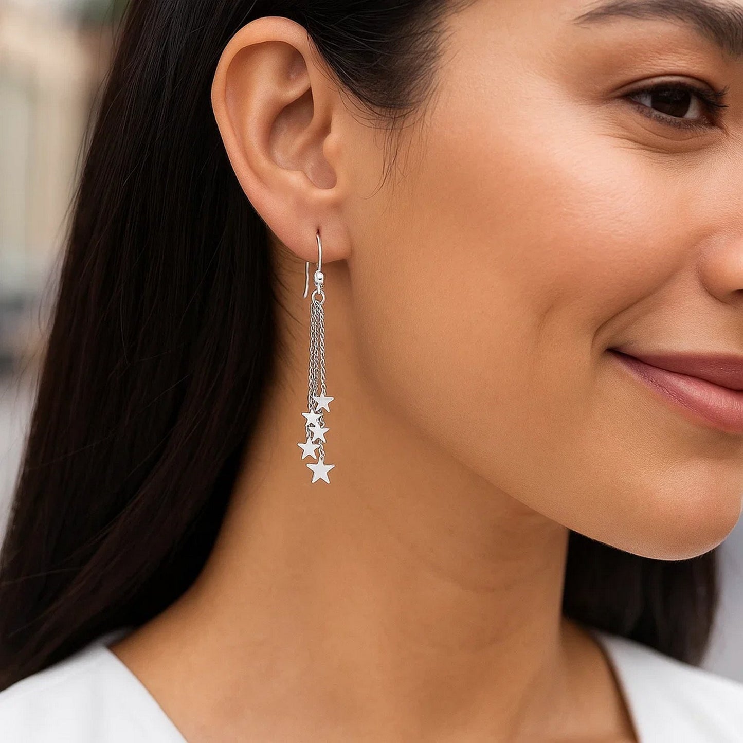 Sterling Silver Tassel Earrings with Polished Stars - Peelerie