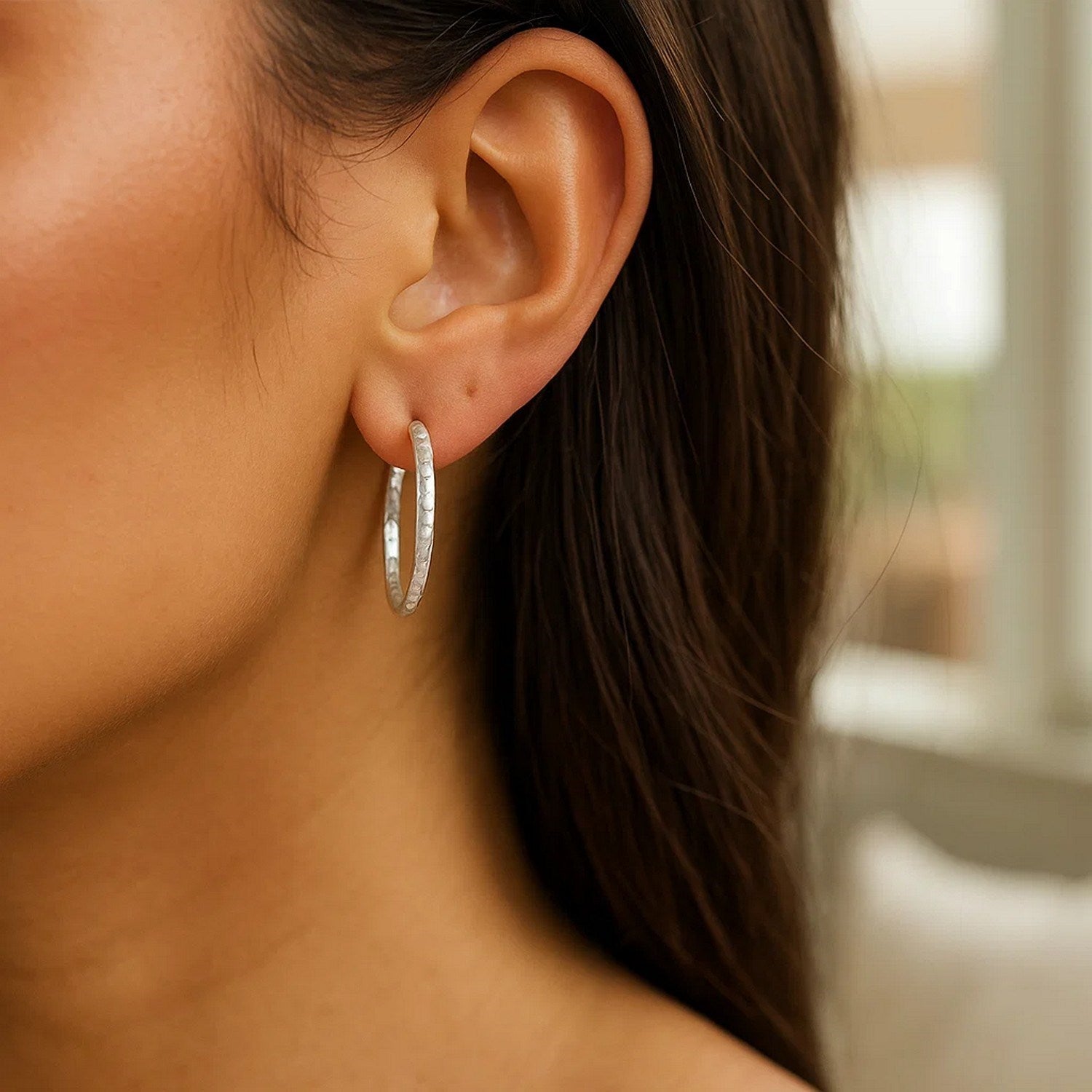 Sterling Silver Large Hoop Earrings with Hammered Texture(3x20mm) - Peelerie