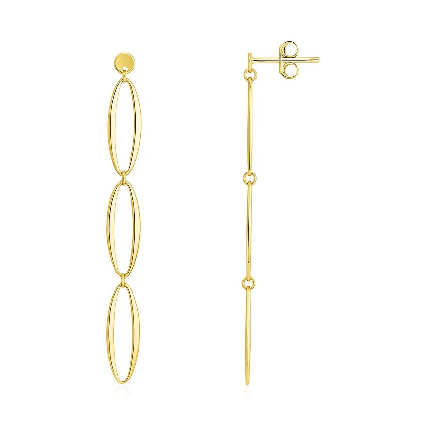 14K Yellow Gold Triple Oval Fancy Drop Earrings in a sleek high-contrast midnight luxury editorial style