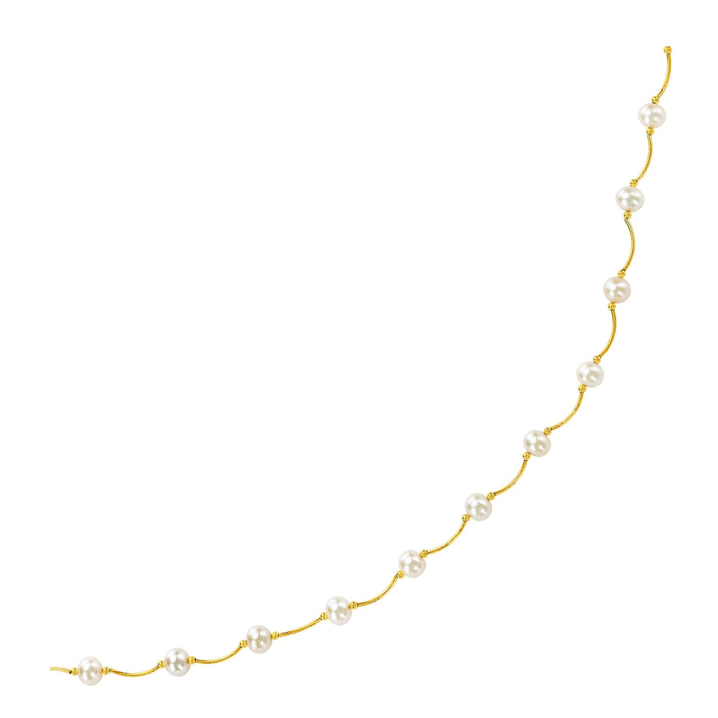 14k Yellow Gold Arc Link Necklace with White Pearls in a sleek high-contrast midnight luxury editorial style