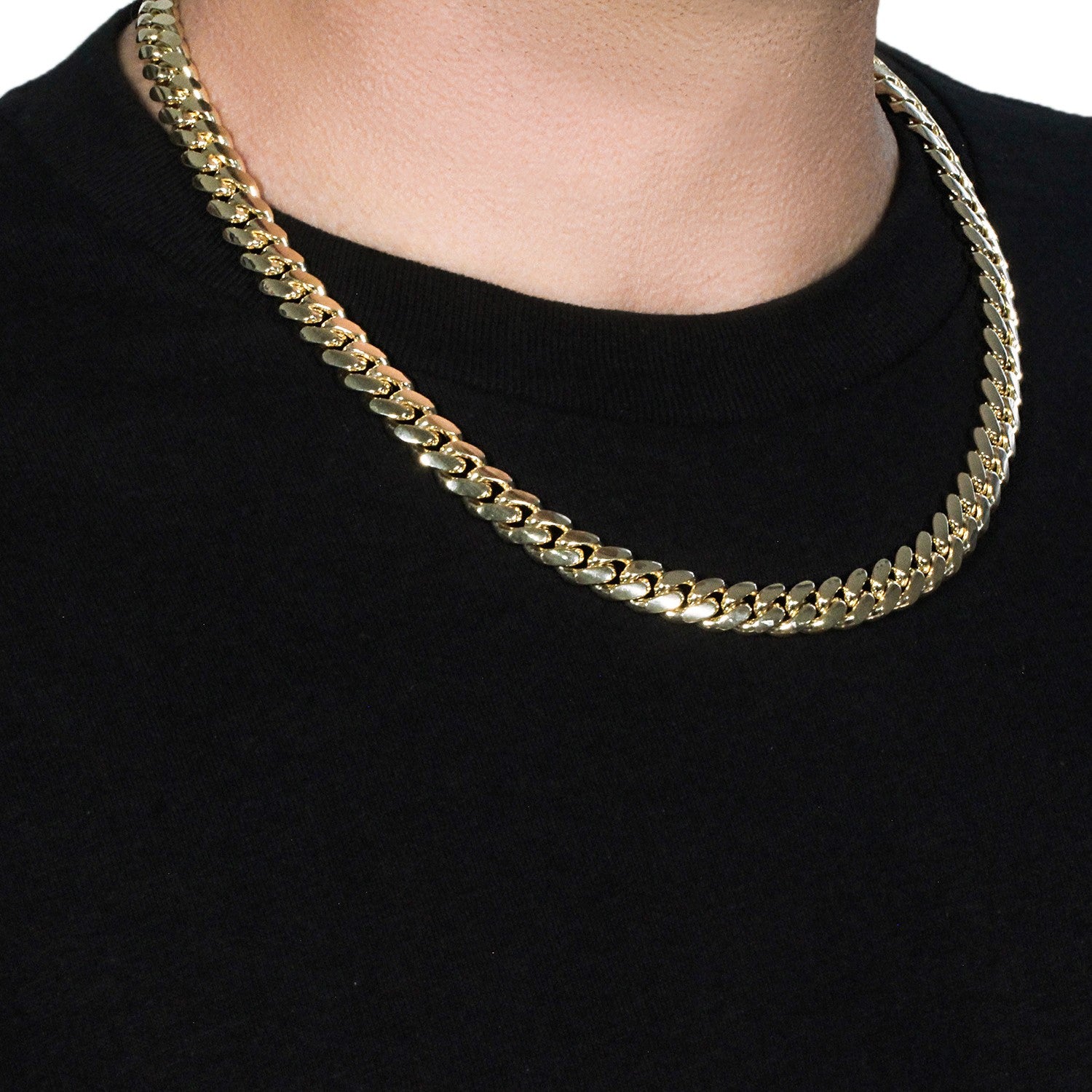 14k Yellow Gold Classic Miami Cuban Solid Chain (10.10 mm) in a sleek high-contrast midnight luxury editorial style