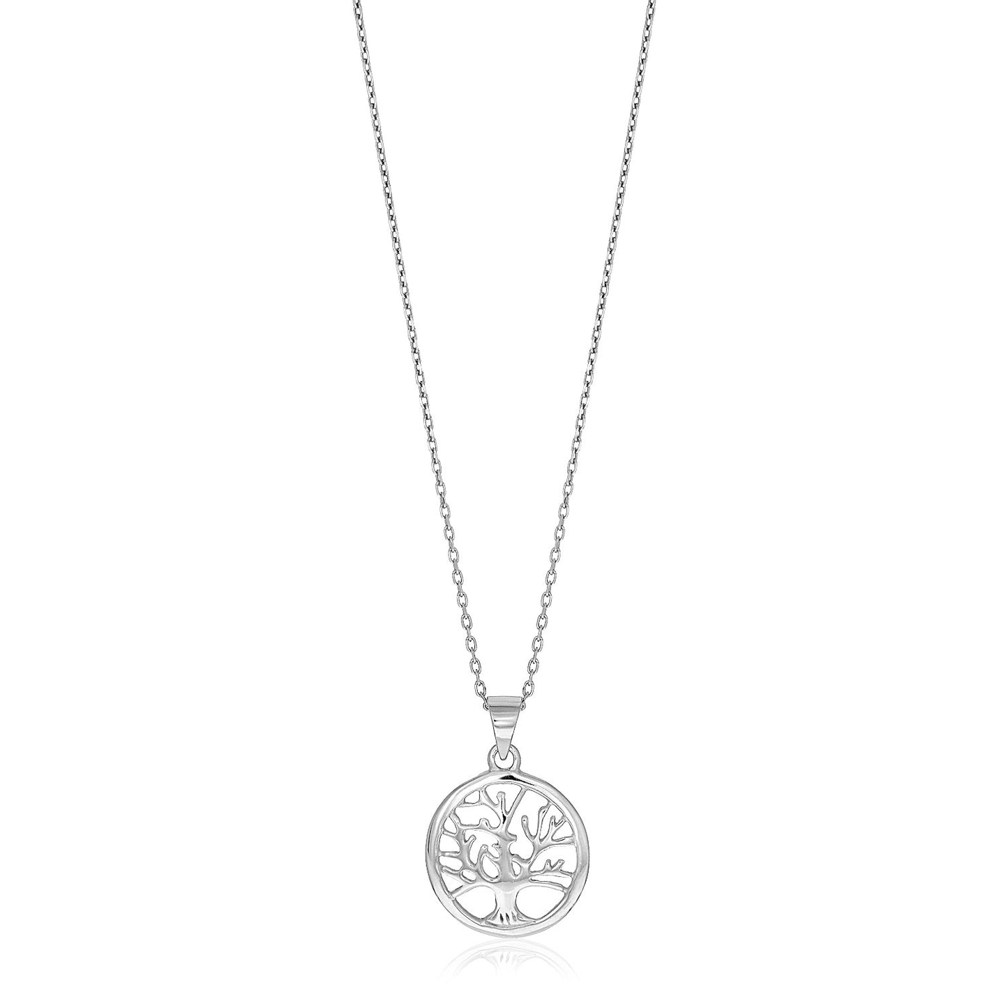 Sterling Silver inch Round Tree of Life Necklace in a sleek high-contrast midnight luxury editorial style