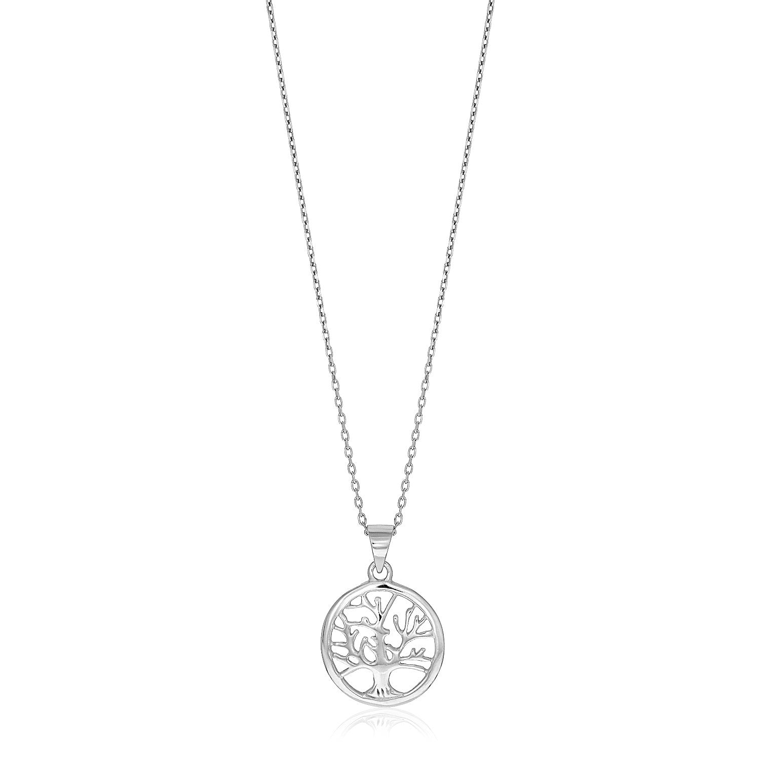 Sterling Silver inch Round Tree of Life Necklace in a sleek high-contrast midnight luxury editorial style