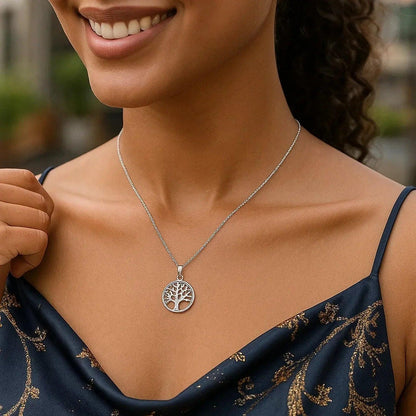 Sterling Silver inch Round Tree of Life Necklace - Peelerie