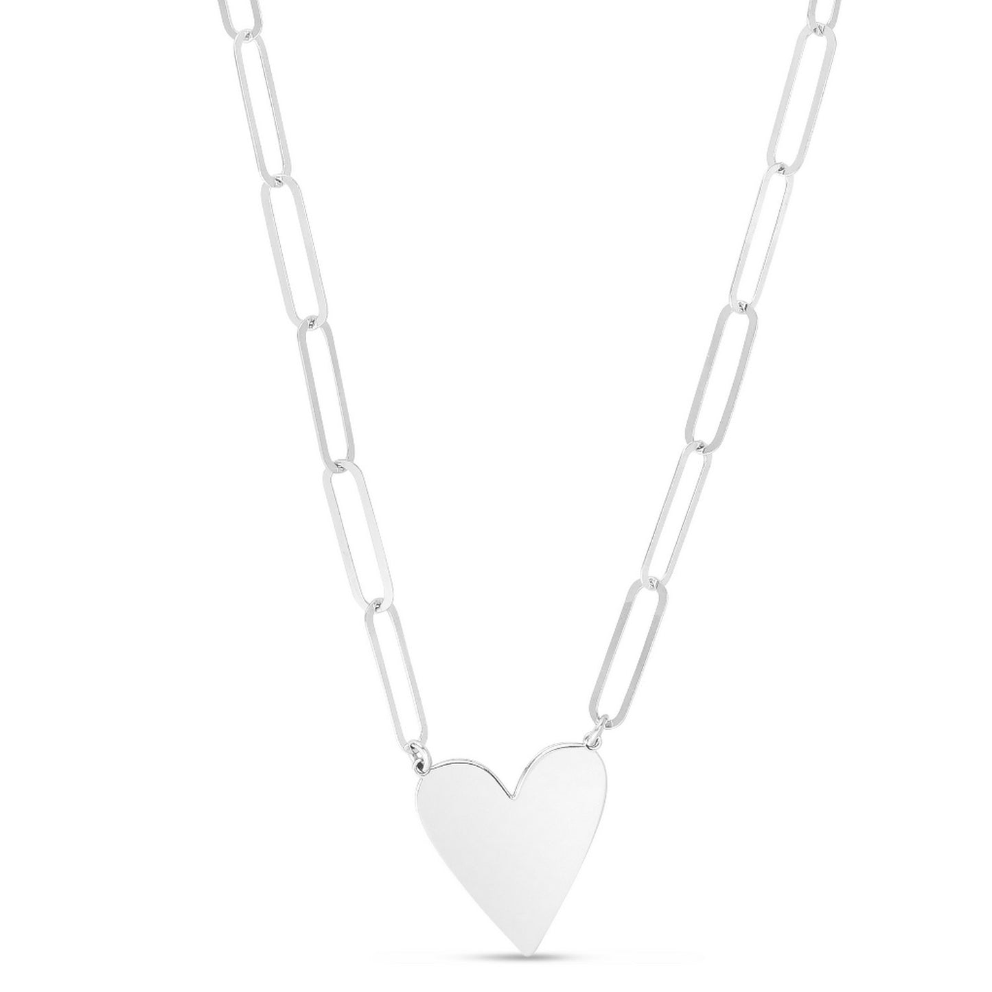 Sterling Silver Rhodium Plated Heart Paperclip Link Necklace