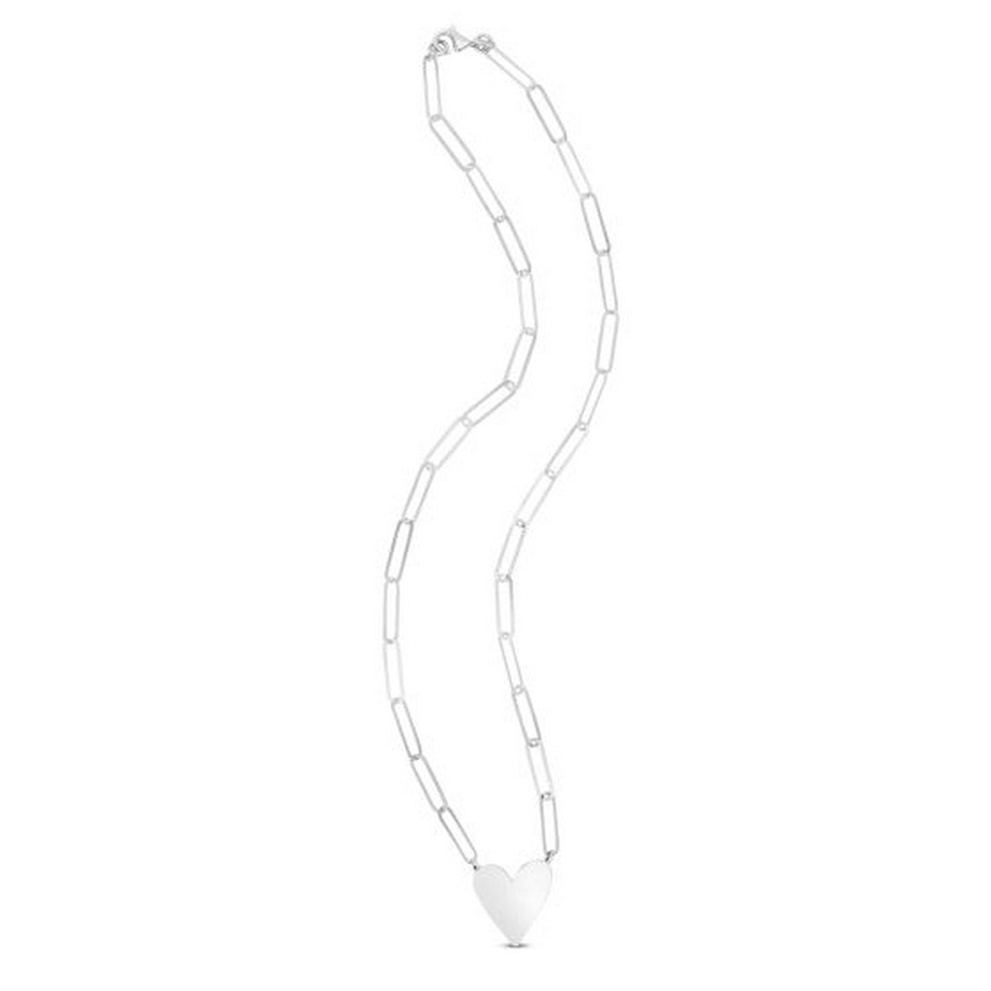 Sterling Silver Rhodium Plated Heart Paperclip Link Necklace