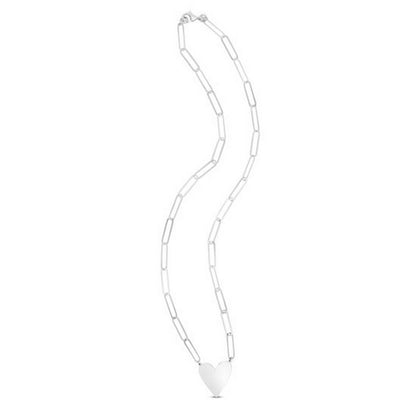 Sterling Silver Rhodium Plated Heart Paperclip Link Necklace