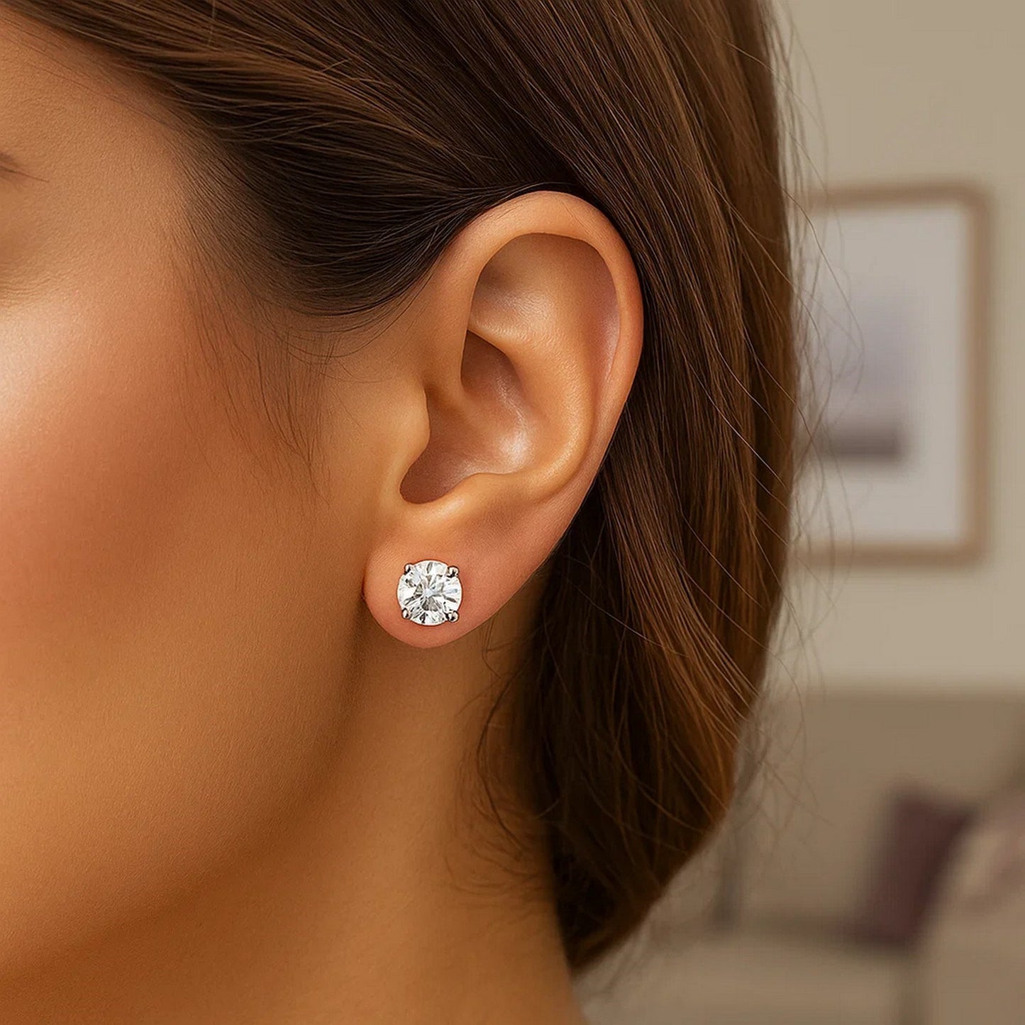 14k White Gold Stud Earrings with White Hue Faceted Cubic Zirconia(6mm) - Peelerie