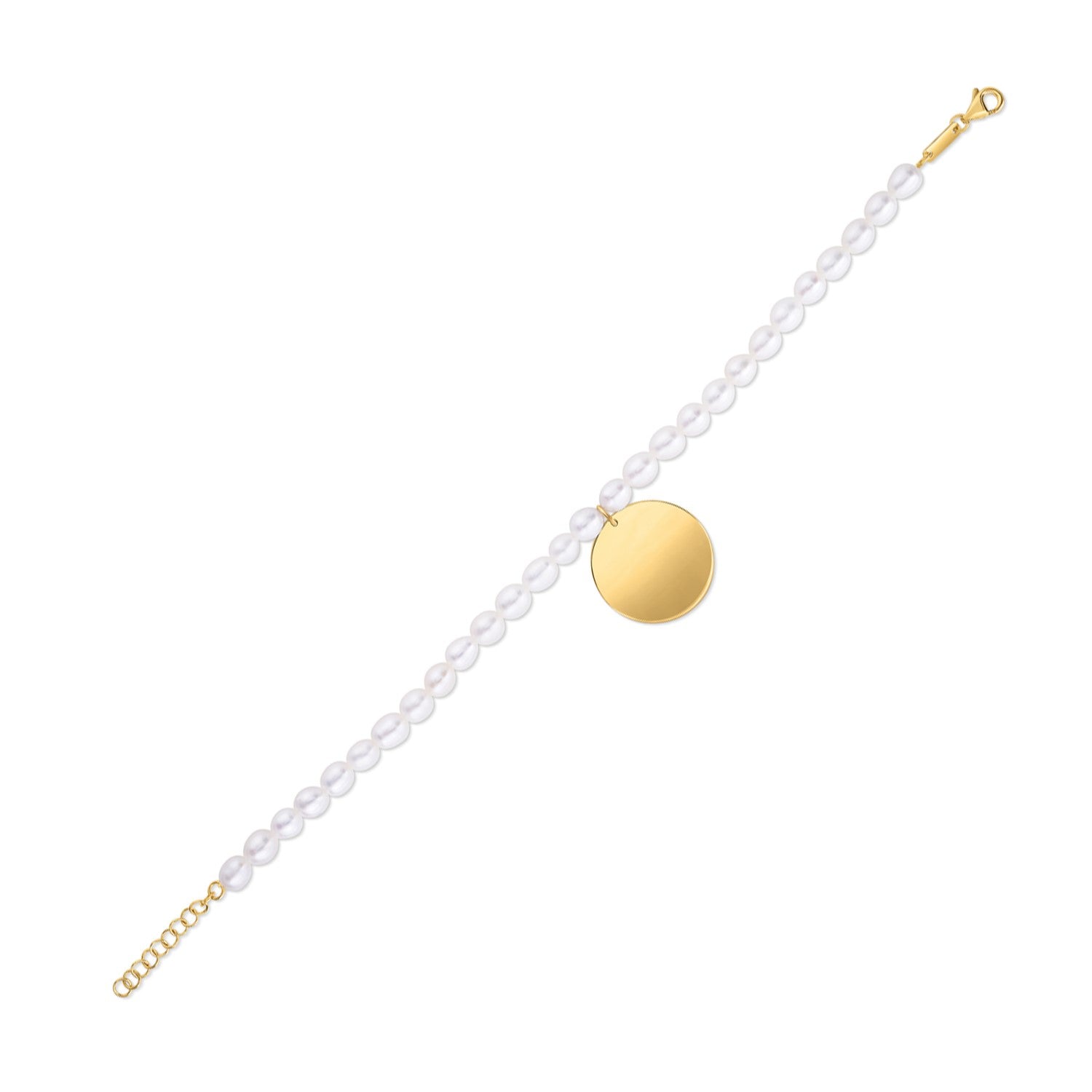 14k Yellow Gold Pearl Tag Charm Bracelet in a sleek high-contrast midnight luxury editorial style