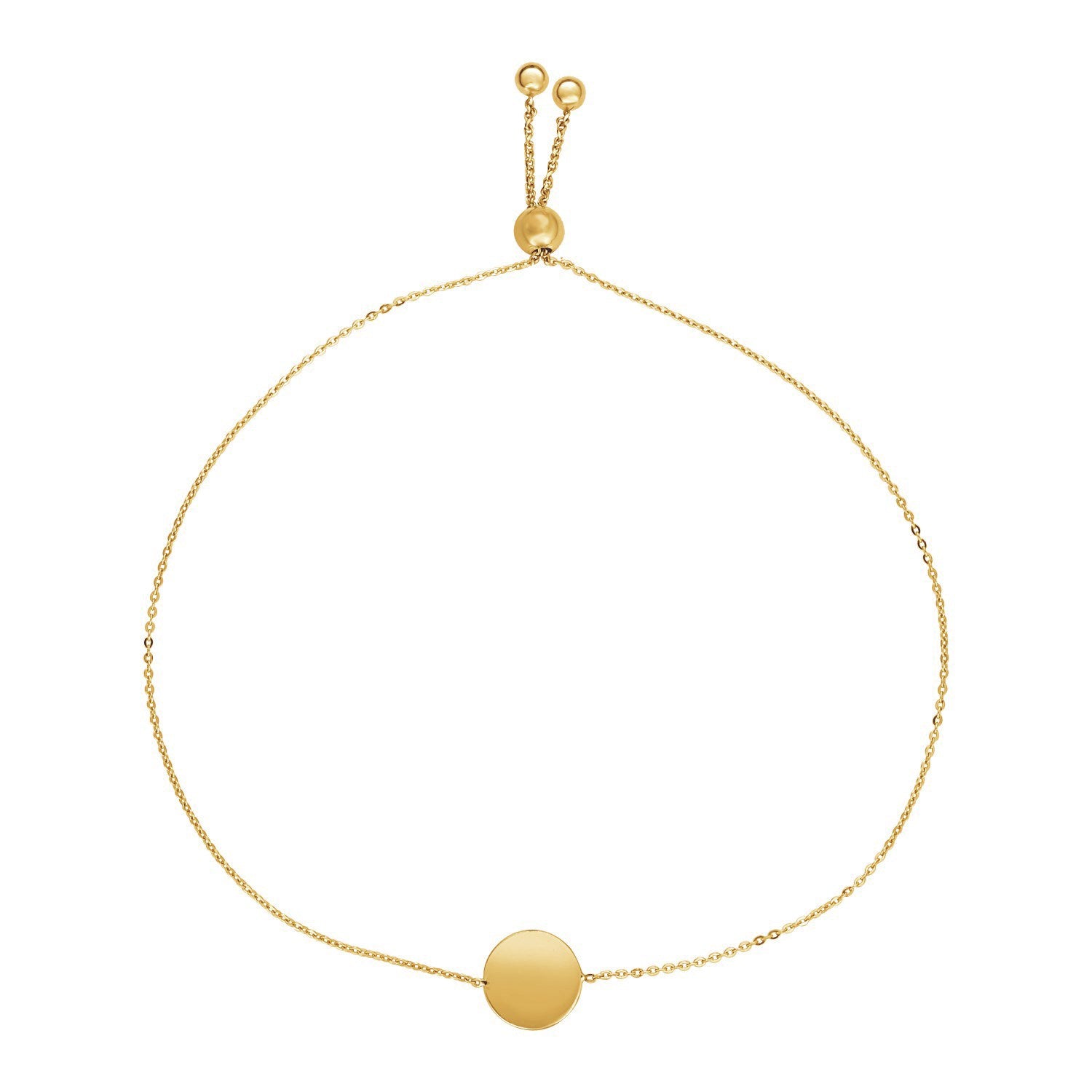 Adjustable Bracelet with Shiny Circle in 14k Yellow Gold (7.50 mm) in a sleek high-contrast midnight luxury editorial style
