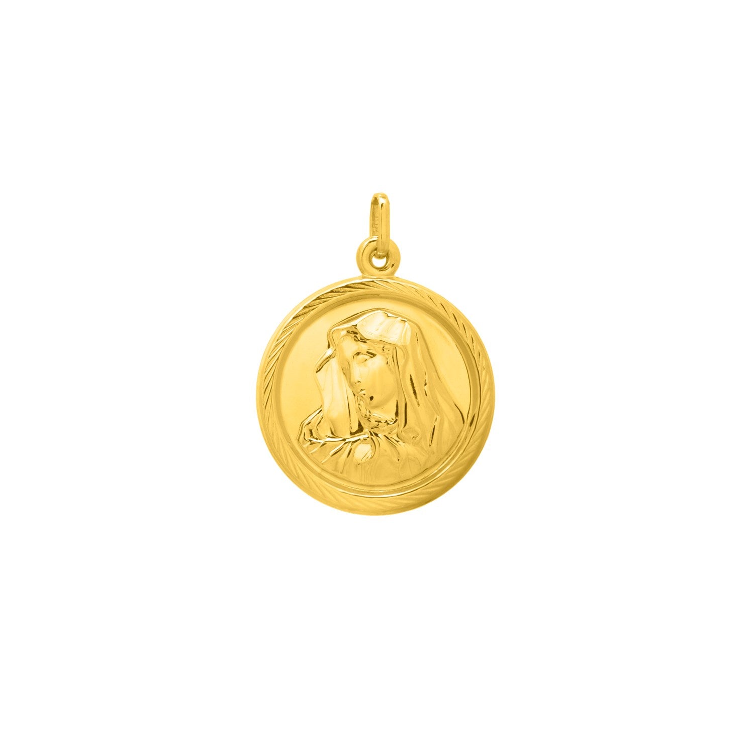 Religious Pendant with Virgin Mary Motif in 14K Yellow Gold in a sleek high-contrast midnight luxury editorial style