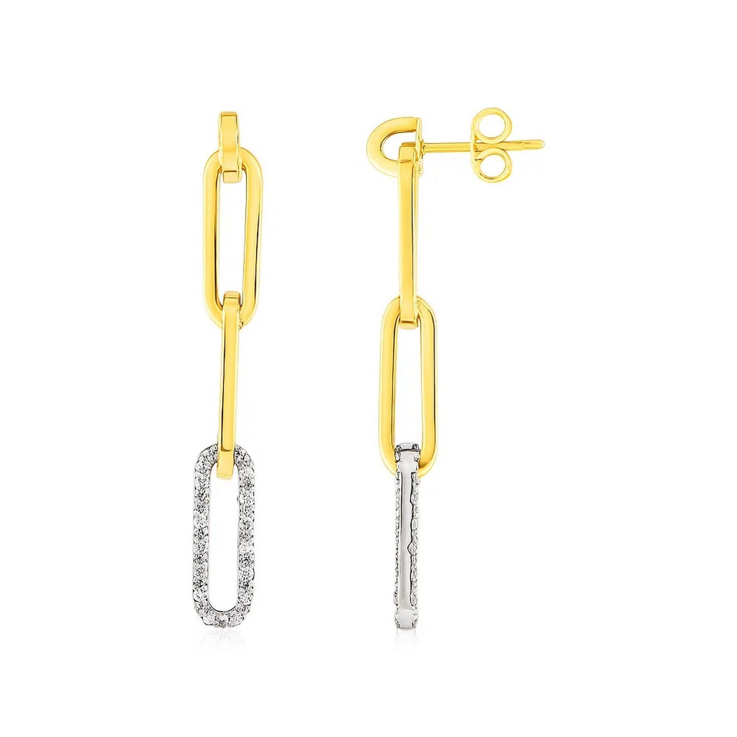 14k Yellow Gold Paperclip Chain Dangle Earrings with Diamonds in a sleek high-contrast midnight luxury editorial style