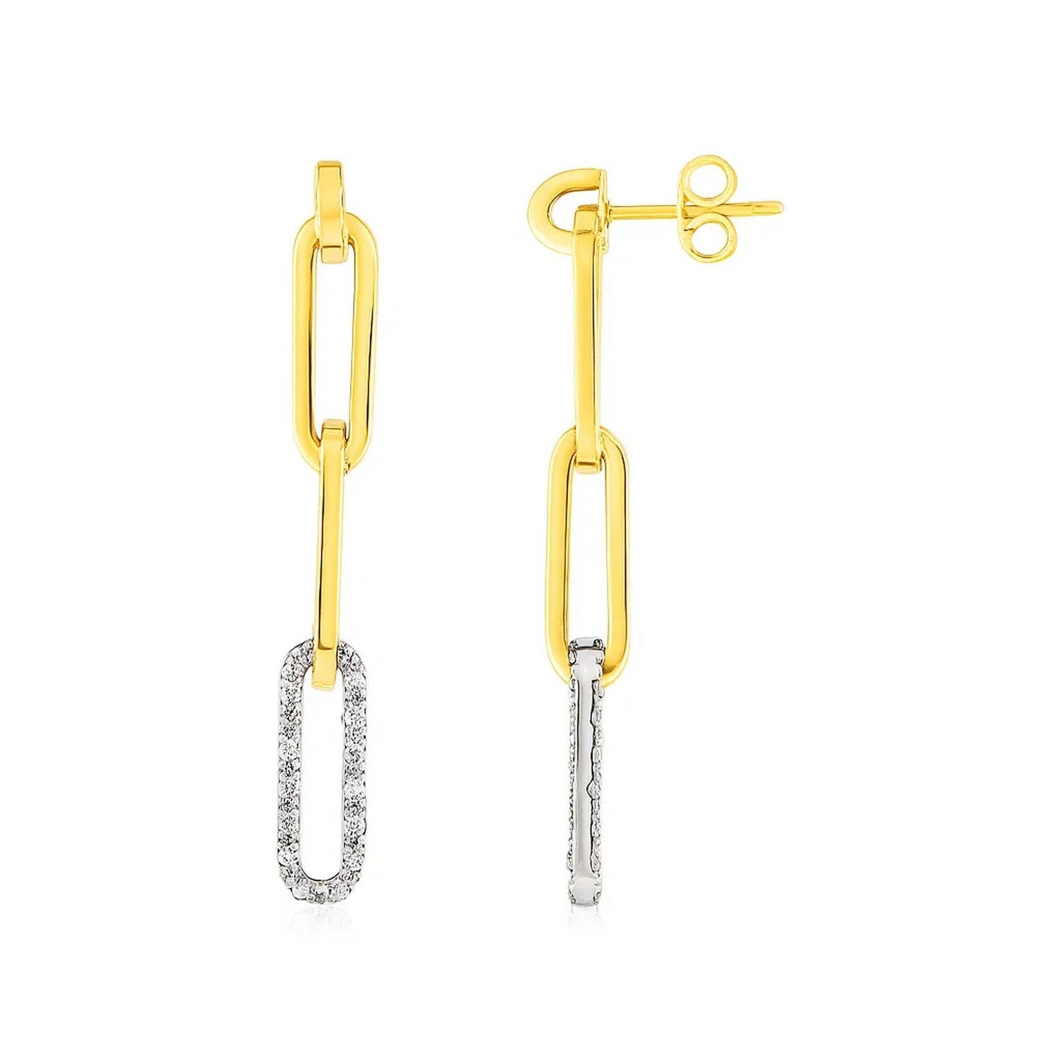 14k Yellow Gold Paperclip Chain Dangle Earrings with Diamonds in a sleek high-contrast midnight luxury editorial style