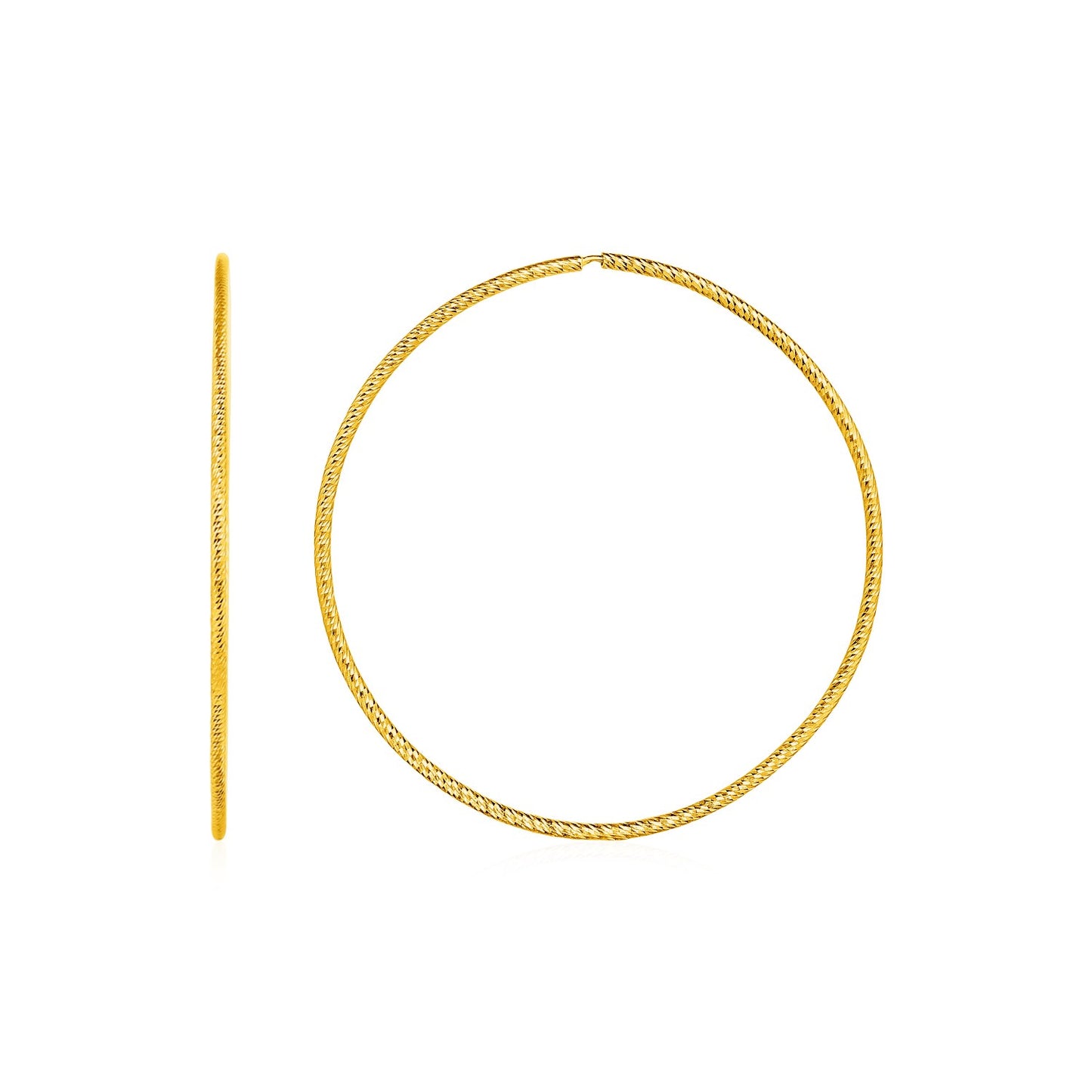 Textured Endless Hoop Earrings in 14k Yellow Gold(1.2x40mm) in a sleek high-contrast midnight luxury editorial style