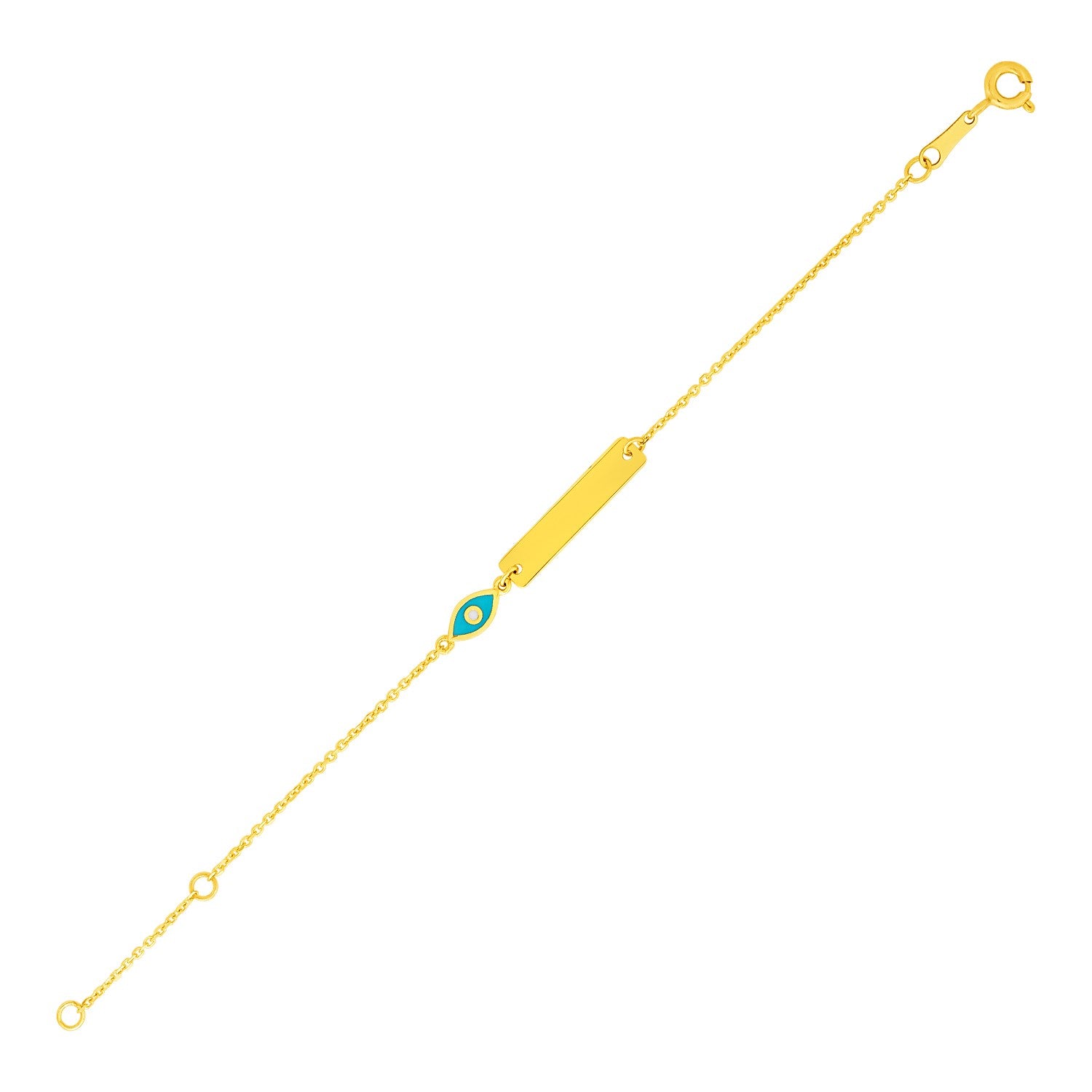 14k Yellow Gold 5 1/2 inch Childrens ID Bracelet with Enameled Eye (1.00 mm) in a sleek high-contrast midnight luxury editori