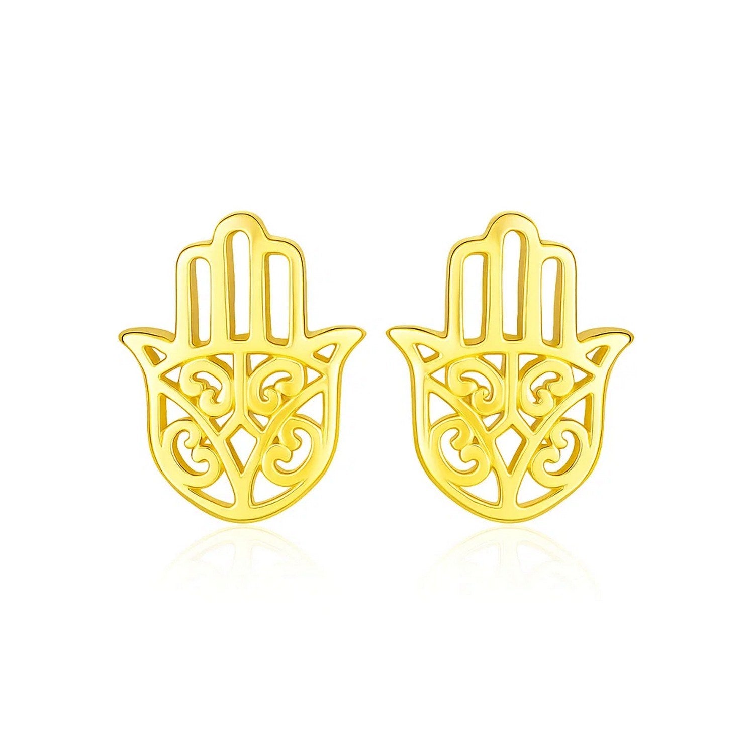 14k Yellow Gold Polished Hand of Hamsa Post Earrings in a sleek high-contrast midnight luxury editorial style
