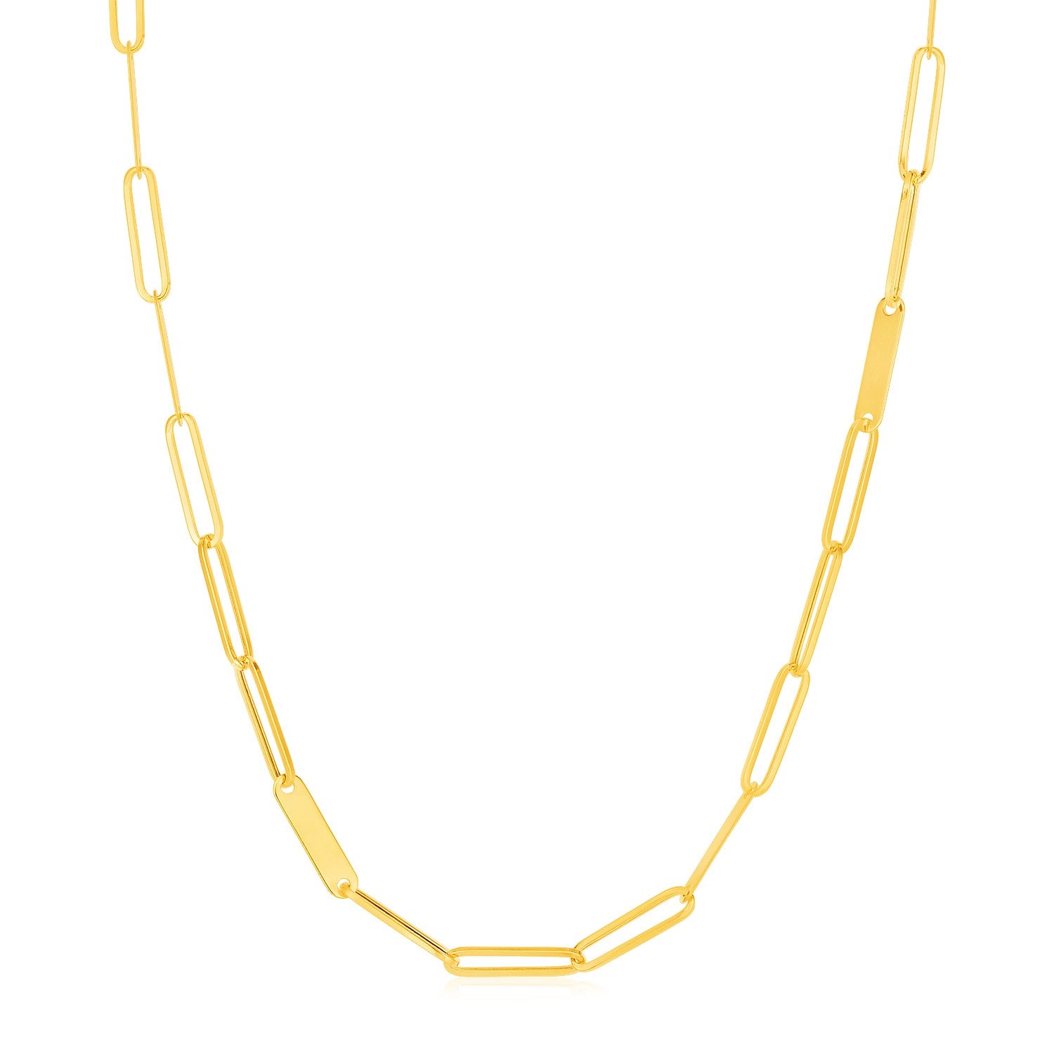 14k Yellow Gold Alternating Paperclip Chain Link and Gold Bar Necklace in a sleek high-contrast midnight luxury editorial sty