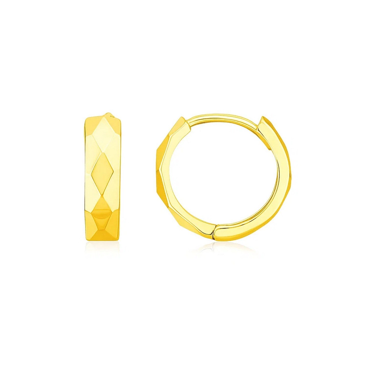 14K Yellow Gold Diamond Motif Faceted Huggie Earrings in a sleek high-contrast midnight luxury editorial style