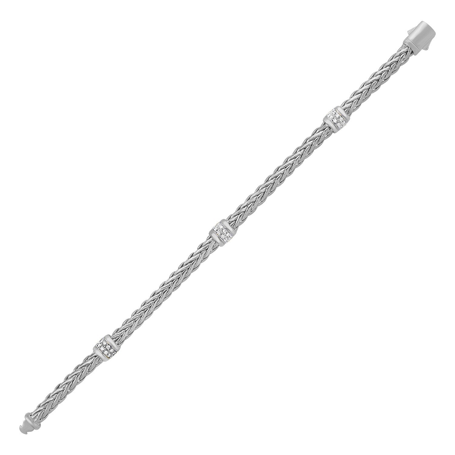 Polished Woven Rope Bracelet with Diamond Accents in 14k White Gold in a sleek high-contrast midnight luxury editorial style