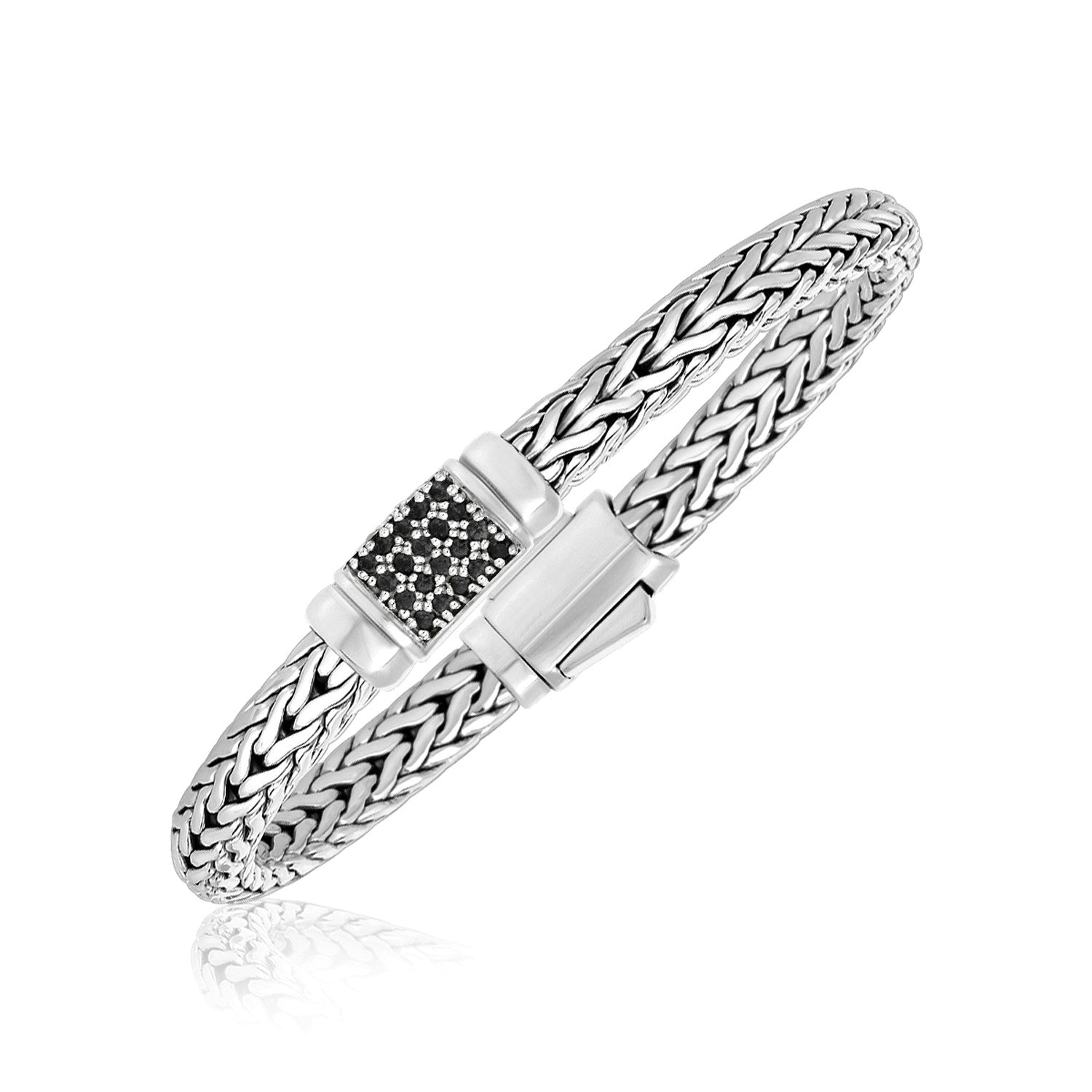 Sterling Silver Weave Style Bracelet with Black Sapphire Accents (7.10 mm) in a sleek high-contrast midnight luxury editorial