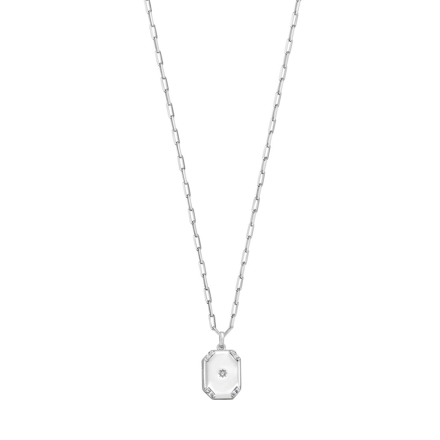 Sterling Silver Rhodium Plated Cubic Zirconia Octagonal Star Locket Necklace