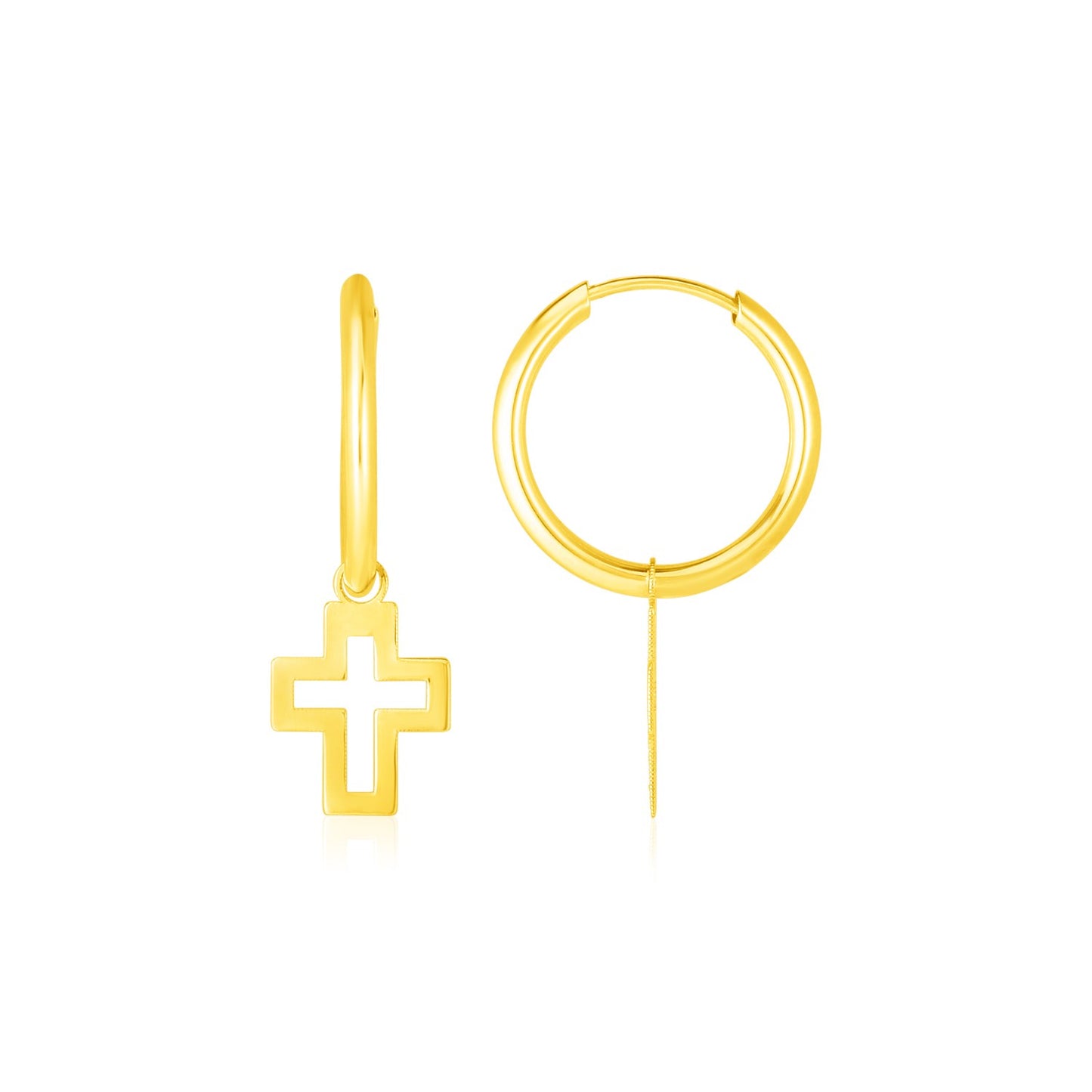 14K Yellow Gold Hoop Polished Earrings with Crosses in a sleek high-contrast midnight luxury editorial style