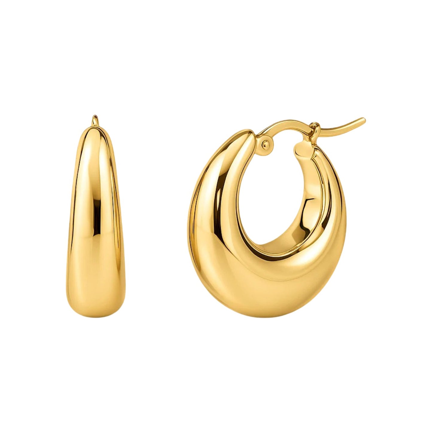 Medium Tapered Hoop Earrings in 14K Yellow Gold in a sleek high-contrast midnight luxury editorial style