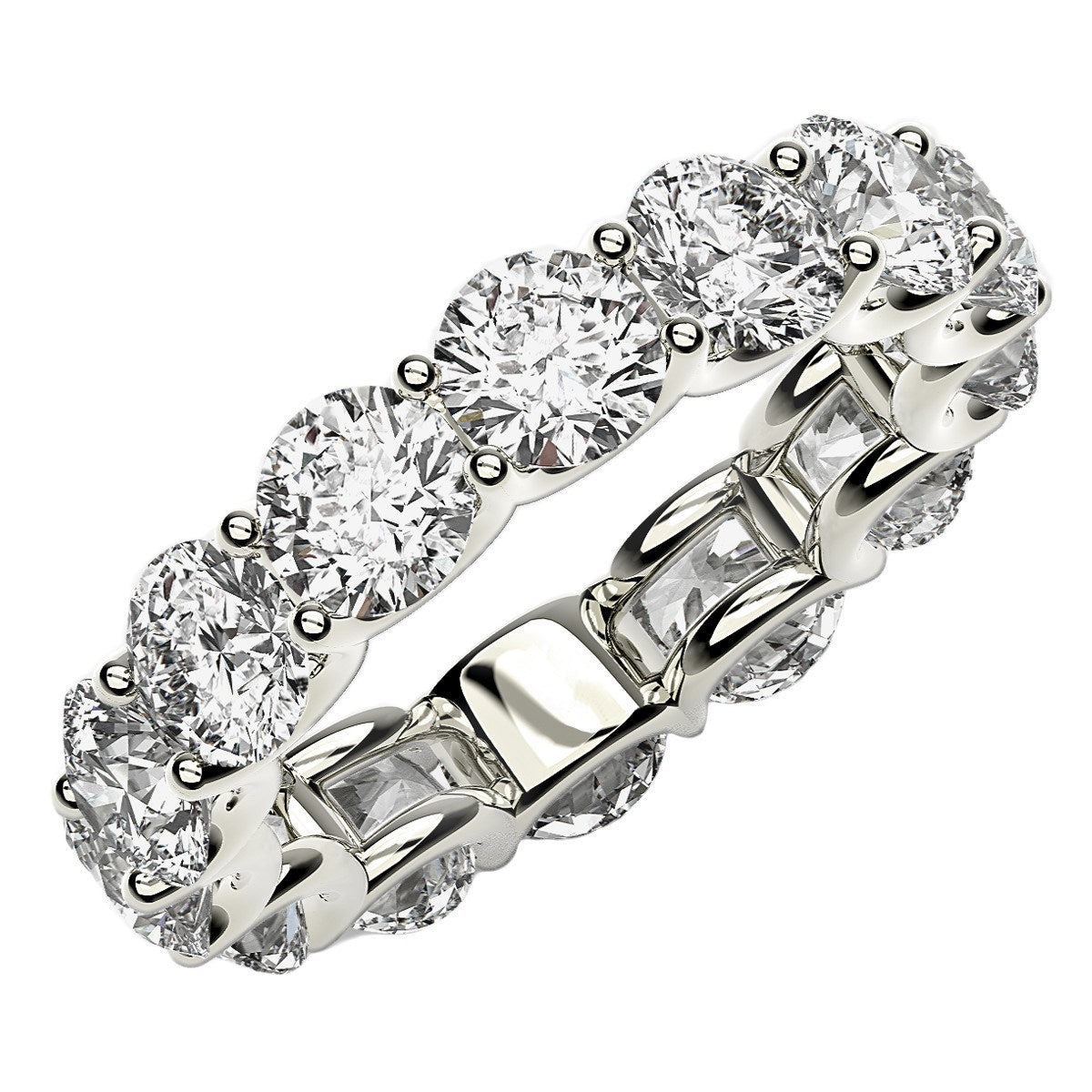 Round Cut Lab Grown Diamond Eternity Ring in 14k White Gold (6 cttw FG/VS2) in a sleek high-contrast midnight luxury editoria