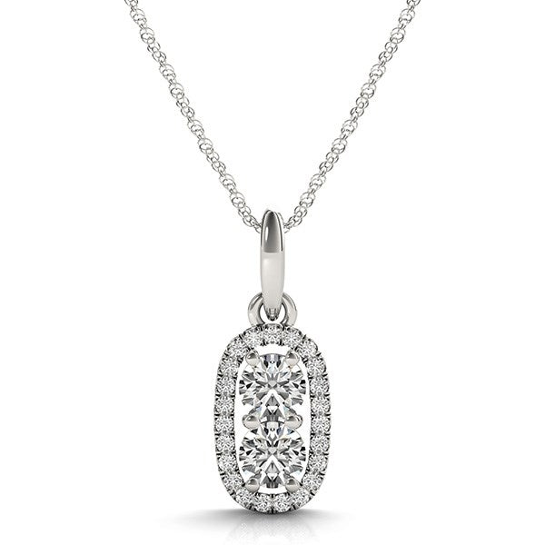 Outer Oval Shaped Two Stone Diamond Pendant in 14k White Gold (5/8 cttw) in a sleek high-contrast midnight luxury editorial s