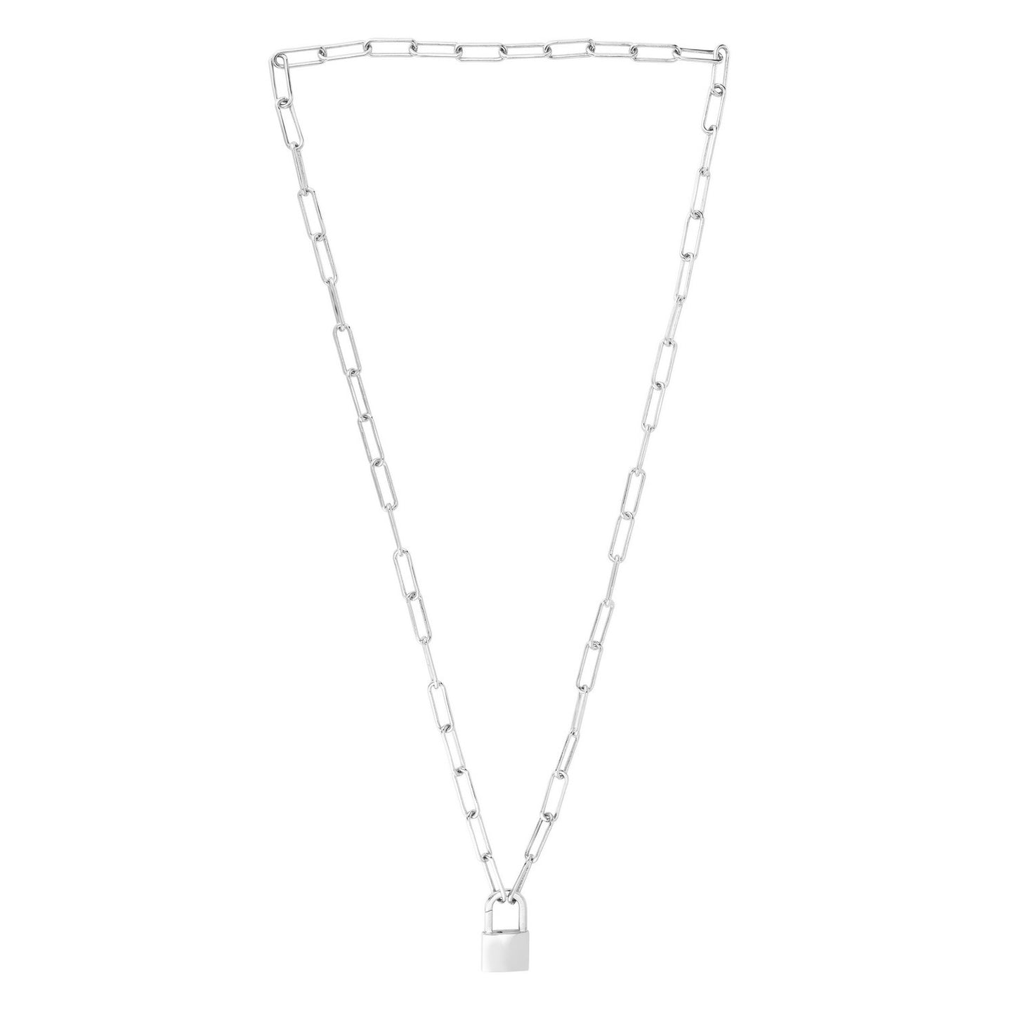 Sterling Silver Rhodium Plated Lock Paperclip Link Necklace