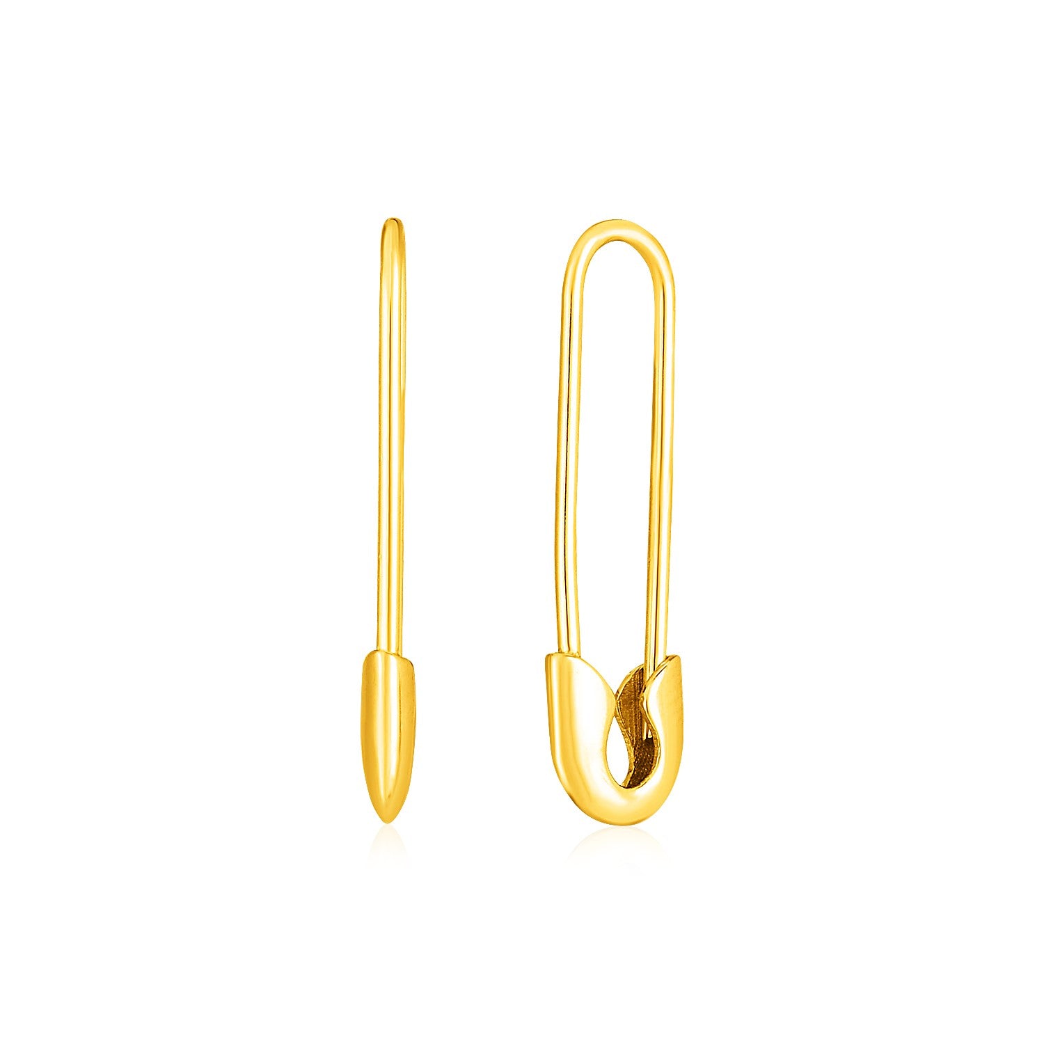14k Yellow Gold Safety Pin Earrings in a sleek high-contrast midnight luxury editorial style