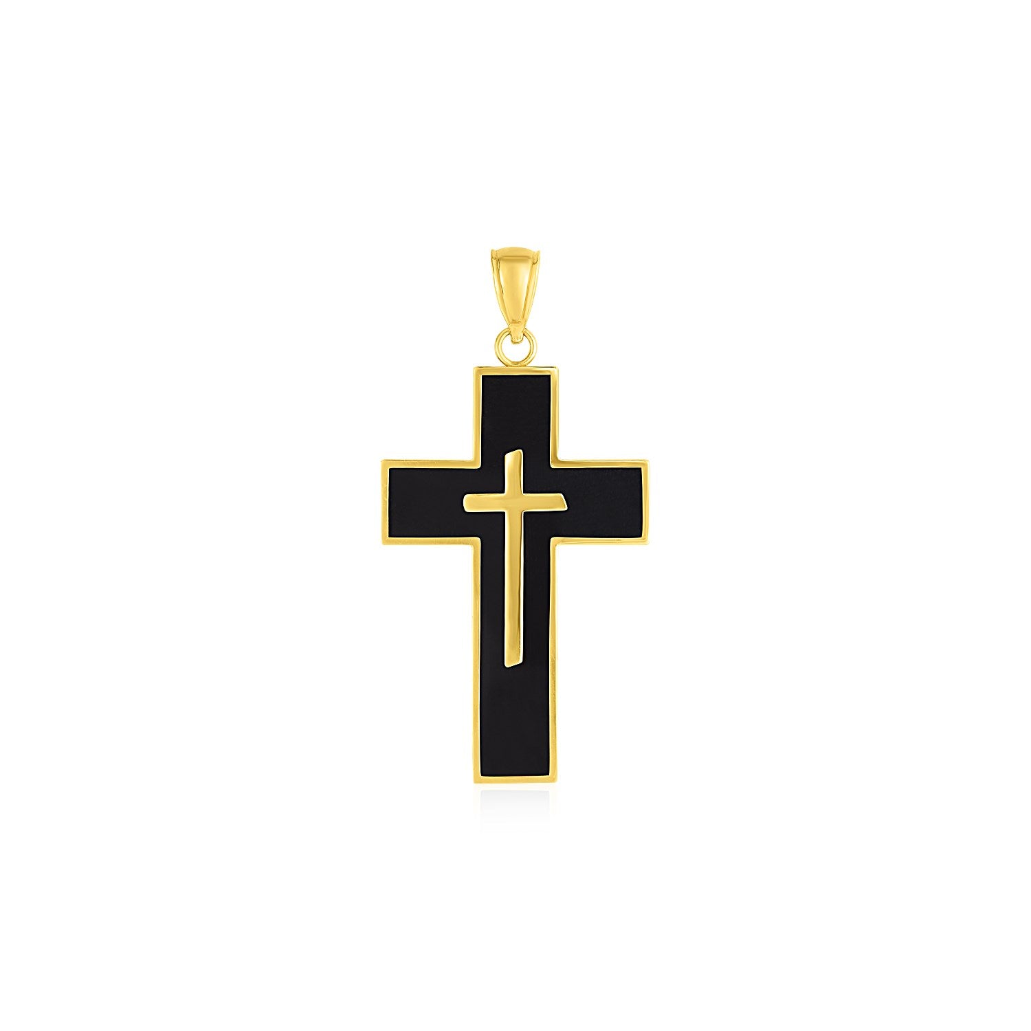 Cross Pendant with Black Enamel in 14k Yellow Gold in a sleek high-contrast midnight luxury editorial style