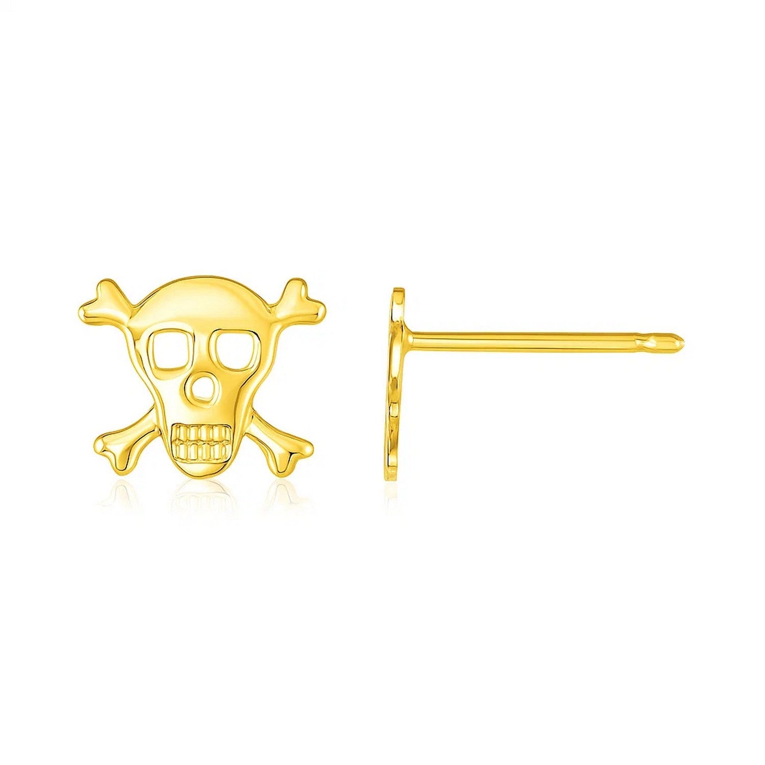 14K Yellow Gold Skull and Crossbones Post Earrings in a sleek high-contrast midnight luxury editorial style