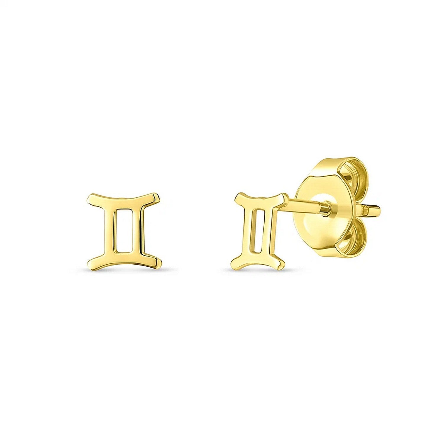 14K Yellow Gold Gemini Stud Earrings in a sleek high-contrast midnight luxury editorial style