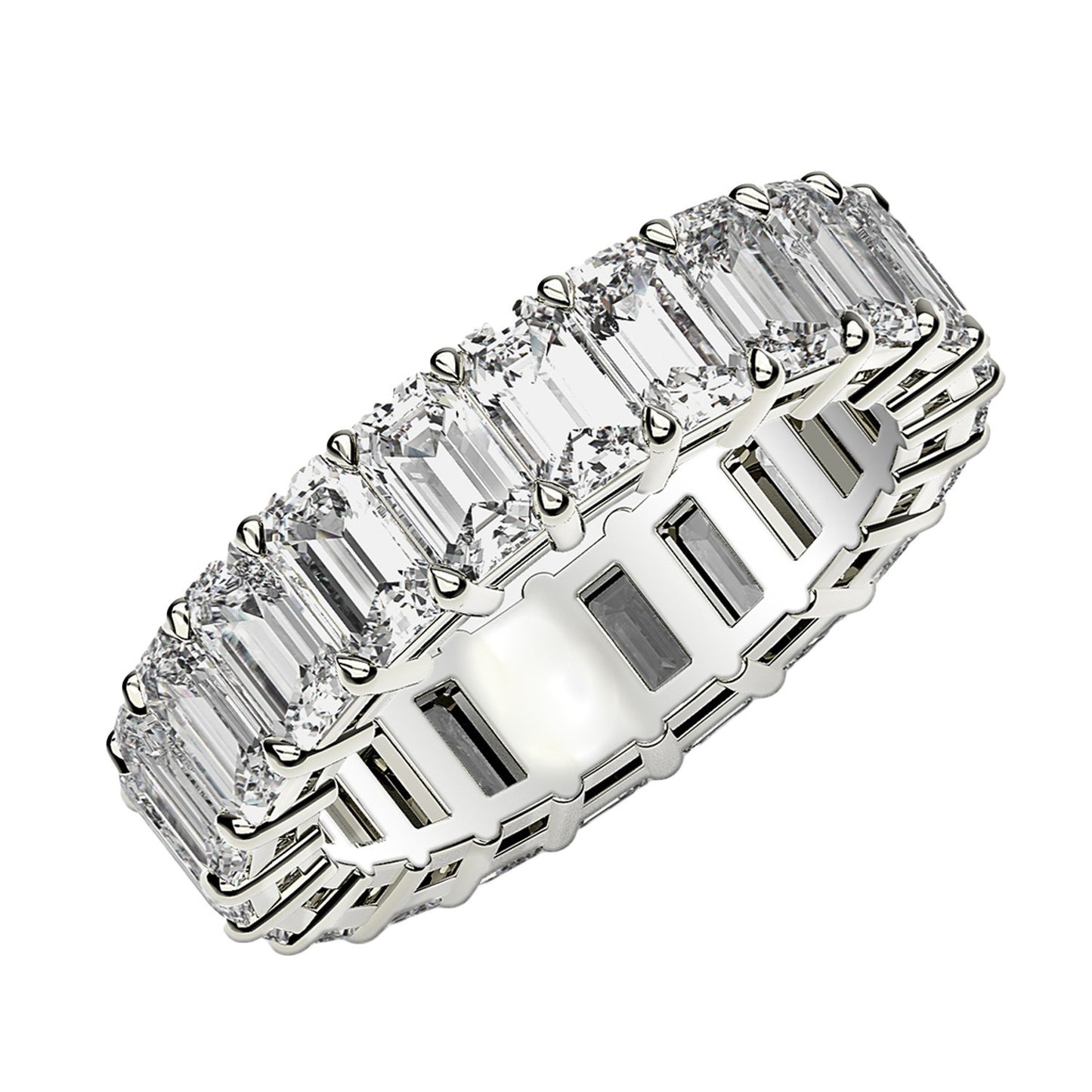 Emerald Cut Lab Grown Diamond Eternity Ring in 14k White Gold (3 cttw FG/VS2) in a sleek high-contrast midnight luxury editor