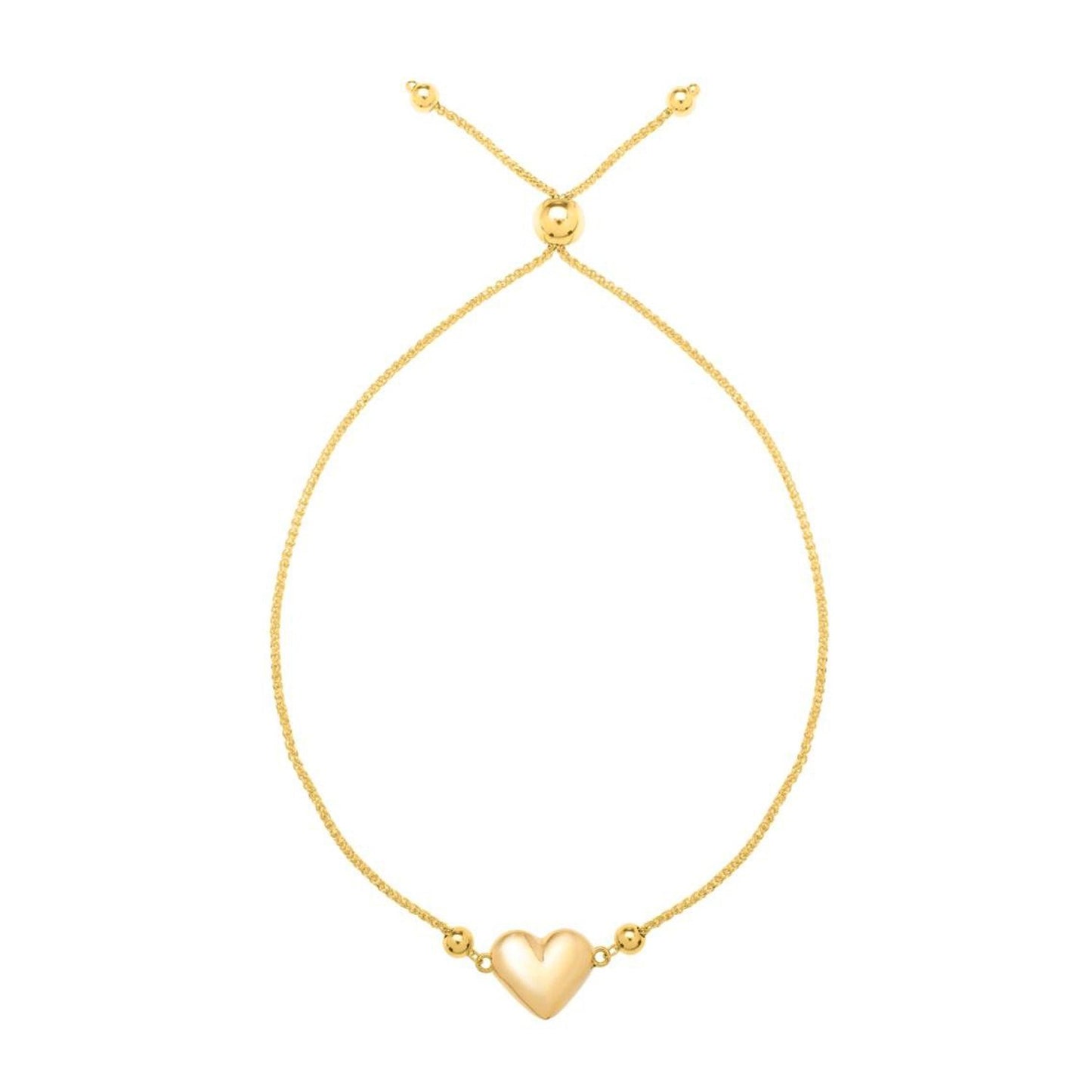 Adjustable Puffed Heart Draw String Bracelet in 14K Yellow Gold in a sleek high-contrast midnight luxury editorial style