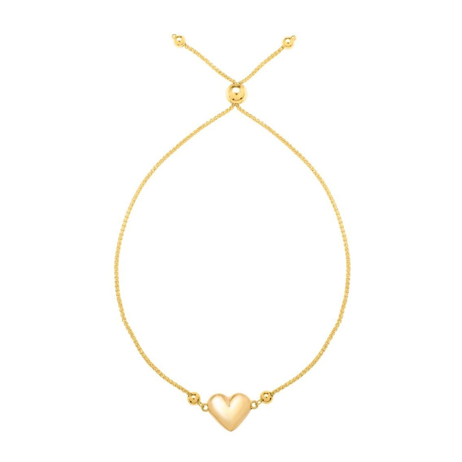 Adjustable Puffed Heart Draw String Bracelet in 14K Yellow Gold in a sleek high-contrast midnight luxury editorial style