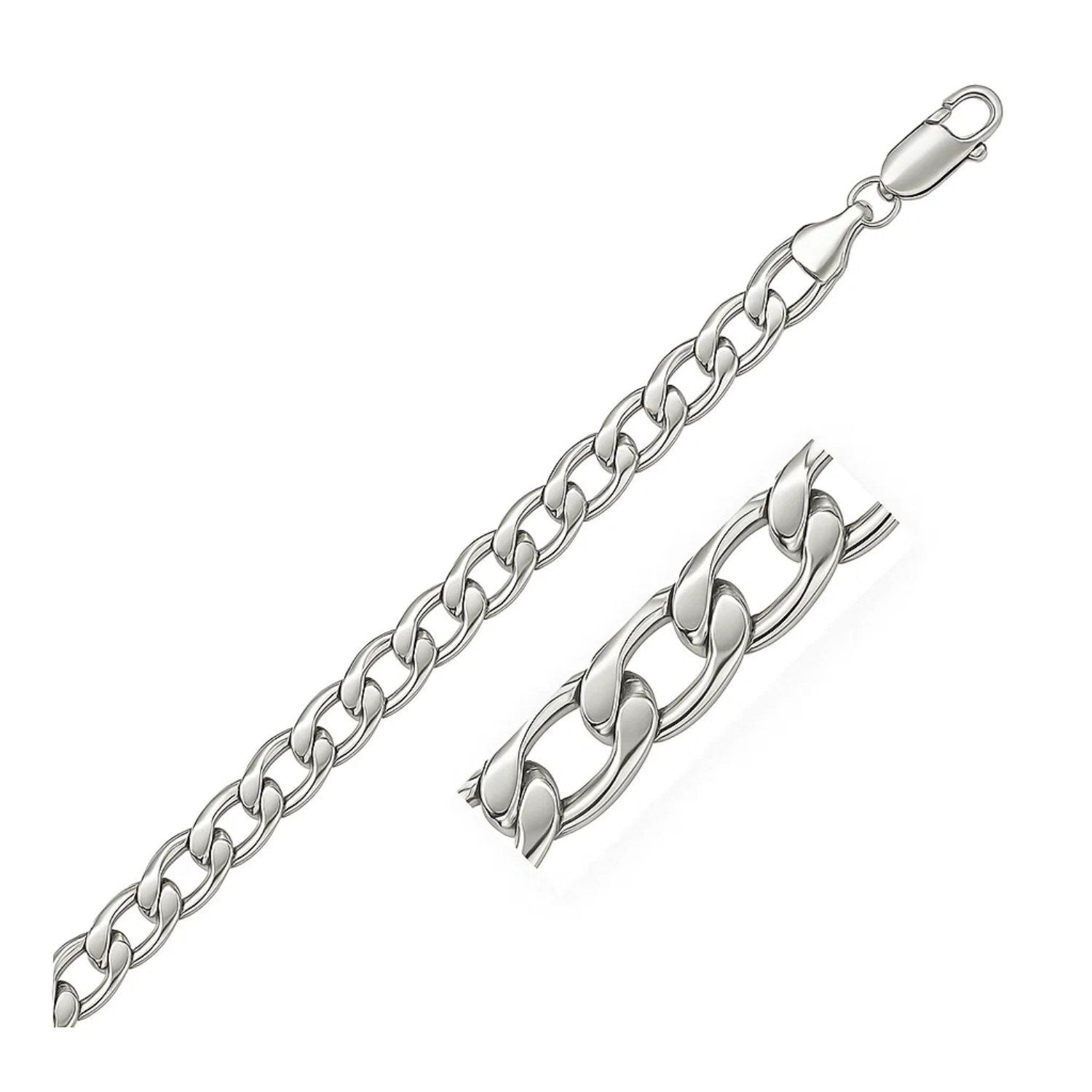 Rhodium Plated Sterling Silver Curb Style Bracelet (7.90 mm) in a sleek high-contrast midnight luxury editorial style