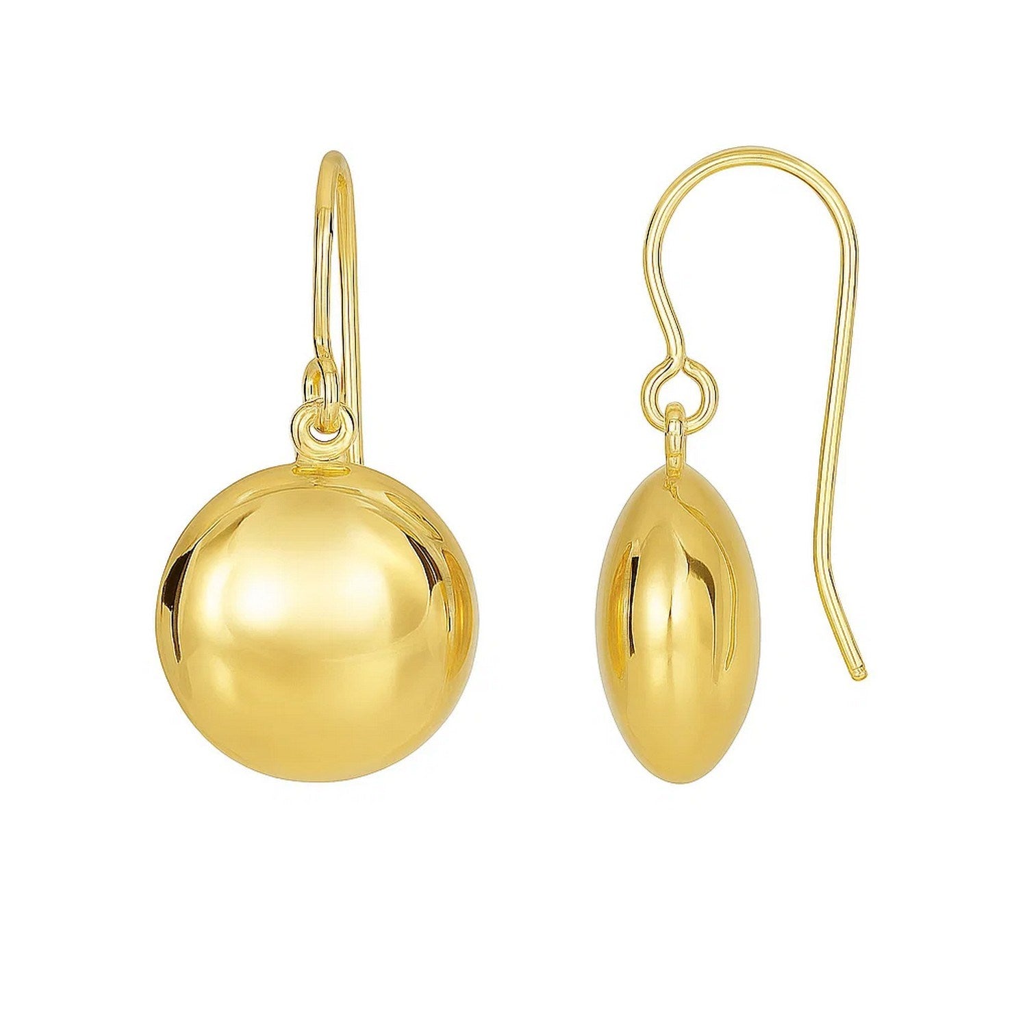 14k Yellow Gold Puffed Circle Shape Drop Earrings in a sleek high-contrast midnight luxury editorial style
