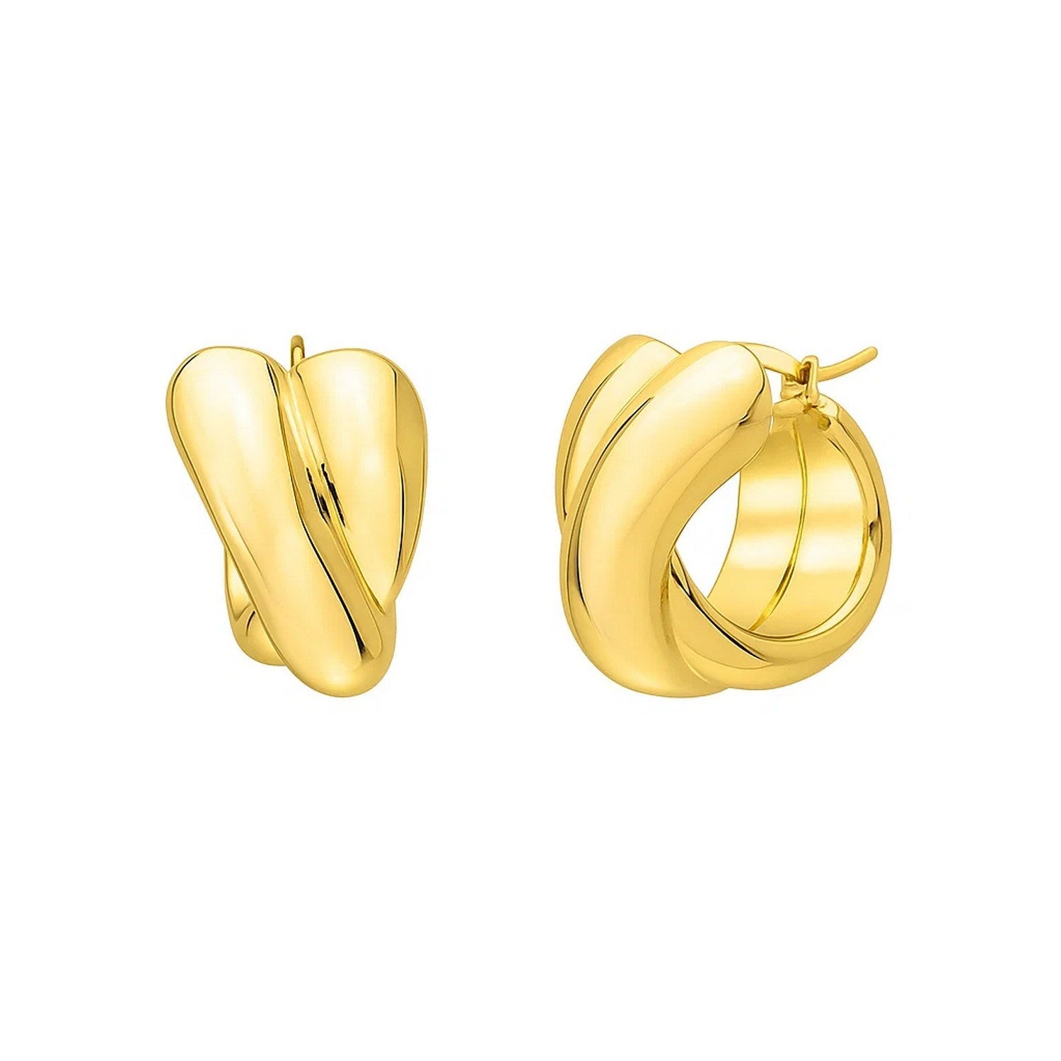 Crossover Hoop Earrings in 14K Yellow Gold in a sleek high-contrast midnight luxury editorial style