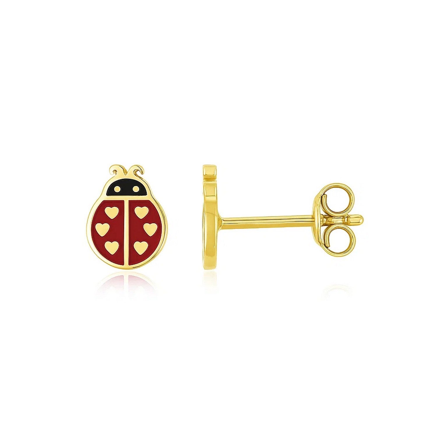 14K Yellow Gold Ladybug Enamel Earrings in a sleek high-contrast midnight luxury editorial style