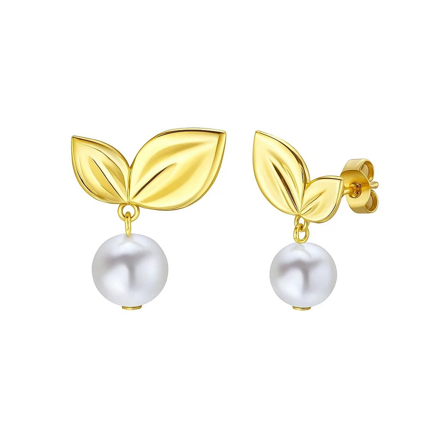 Pearl Drop Earrings with Cherry Leaf in 14K Yellow Gold in a sleek high-contrast midnight luxury editorial style