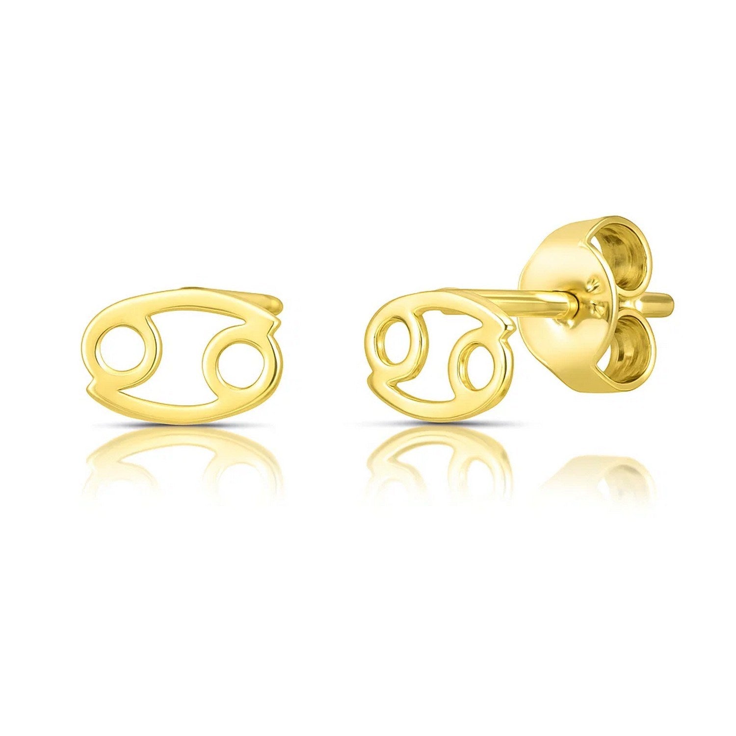 14k Yellow Gold Cancer Stud Earrings in a sleek high-contrast midnight luxury editorial style