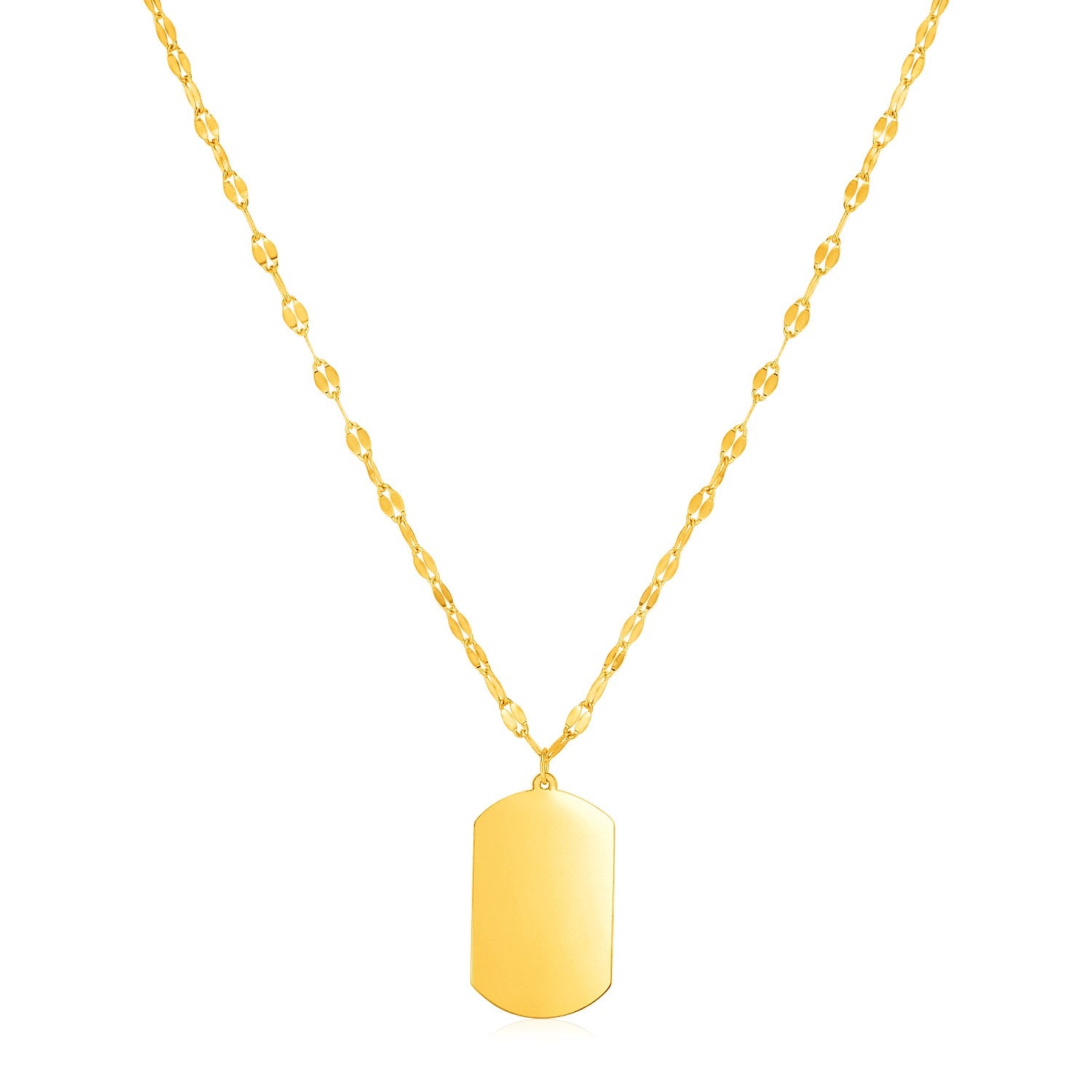 14K Yellow Gold Dog Tag Necklace in a sleek high-contrast midnight luxury editorial style