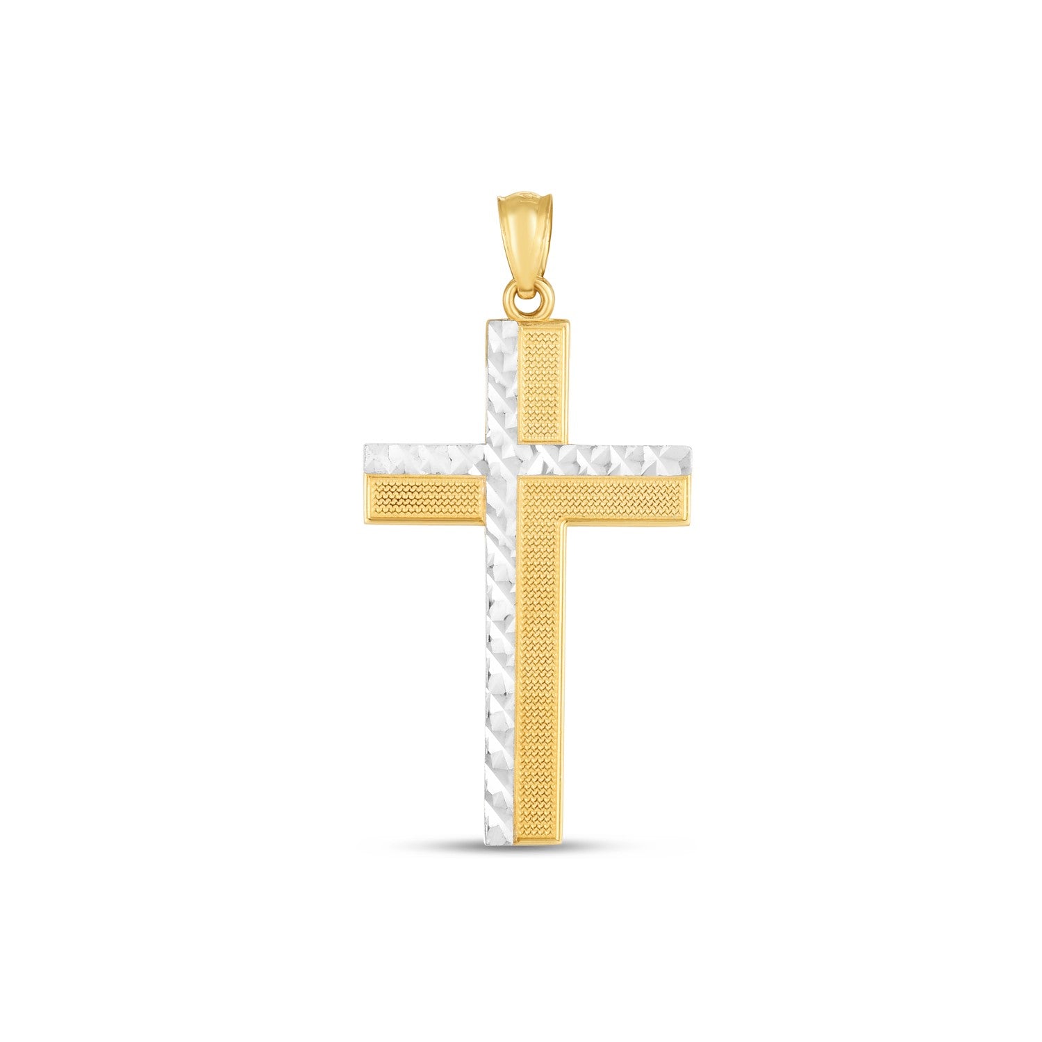 14k Two Tone Gold High Polish Diamond Cut Cross Pendant in a sleek high-contrast midnight luxury editorial style