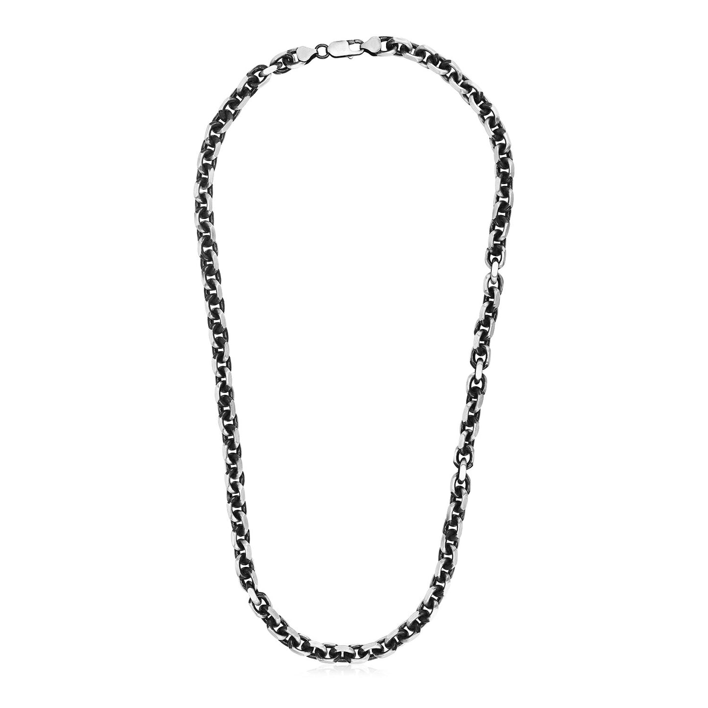 Sterling Silver Gunmetal Finish Oval Link Necklace in a sleek high-contrast midnight luxury editorial style