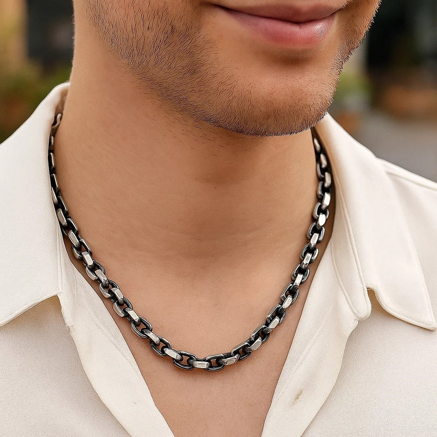 Sterling Silver Gunmetal Finish Oval Link Necklace