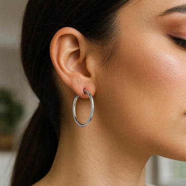 Sterling Silver Hoop Style Earrings with Polished Rhodium Plating (3x30mm) - Peelerie