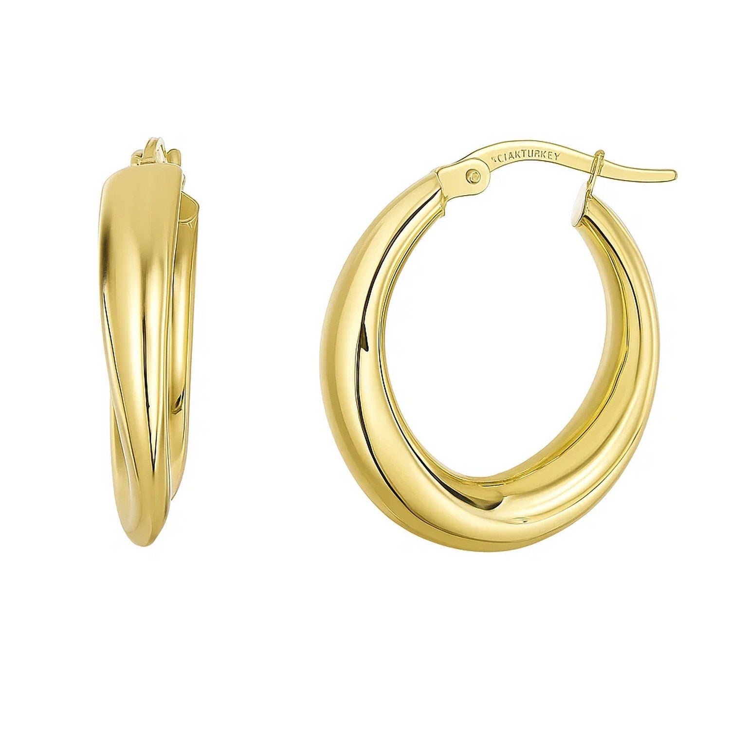 14k Yellow Gold Oval Hoop Earrings(5x20mm) in a sleek high-contrast midnight luxury editorial style