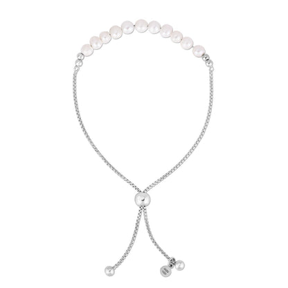 Sterling Silver Rhodium Plated Friendship Freshwater Pearl Drawstring Bracelet